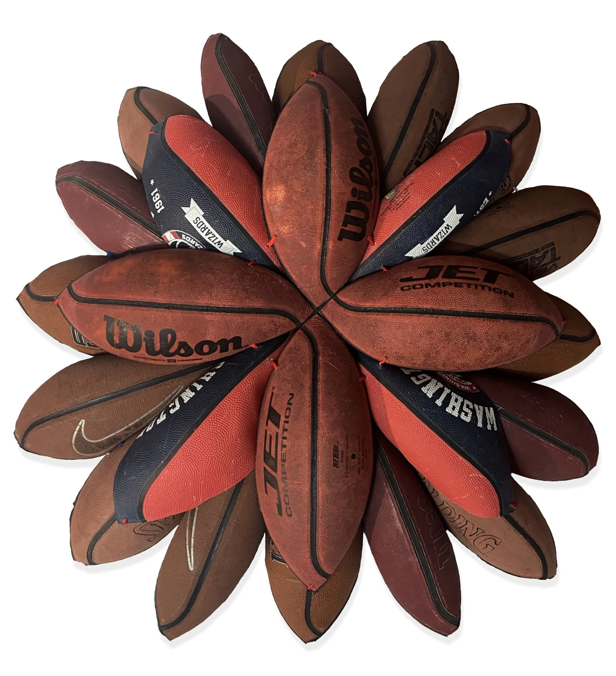 BASKETBALL BLOOM (WASHINGTON) | 31 x 31 x 5 inches / 79 x 79 x 12 cm, searched for and collected basketballs, shoestrings, 2026