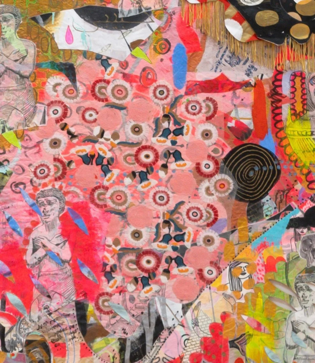 Jackie Milad Unwrapping, Unrolling_128 x 133.5 inches_Mixed-media on hand dyed with tea canvas_acrylic_gel medium_paint marker_flashe paint_plastic beads_brass_mixed textile_2023.jpg