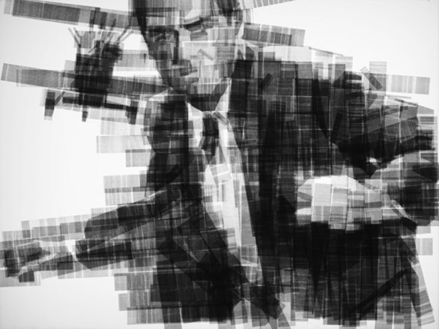 TAPE NOIR 112 (RUNNING MAN) | 36.5 x 48.5 x 6 inches / 92.7 x 123.2 x 15.2 cm, ink toner on clear adhesive tape, acrylic panel, light box, 2016