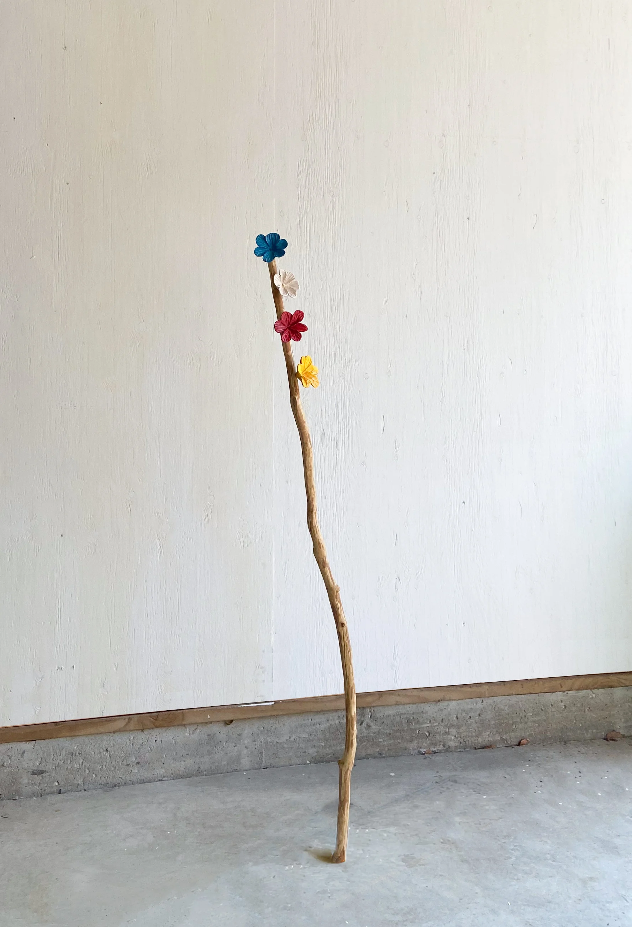 LATE BLOOMS | 60 x 6 x 6 inches / 152 x 15 x 15 cm, acrylic, dye and milkpaint on basswood and lilac with metal hardware, 2026