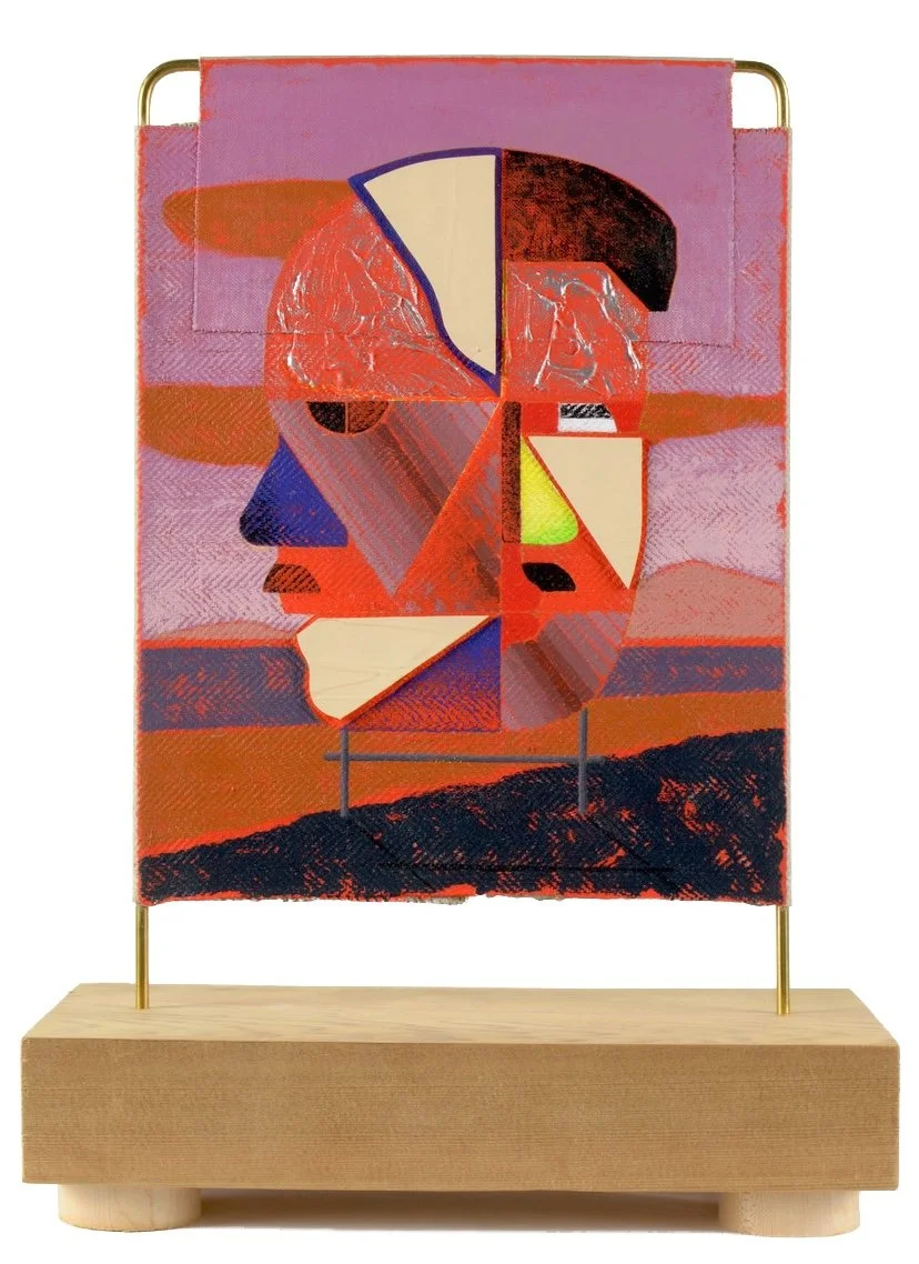 Jacob Feige-Vermilion Monument (Cyan, Red) 15.75 x 11.5 x 5.5 inches / 40 x 29 x 14 cm, double sided, acrylic, cast acrylic mounted to linen over brass, wooden base, 2025.