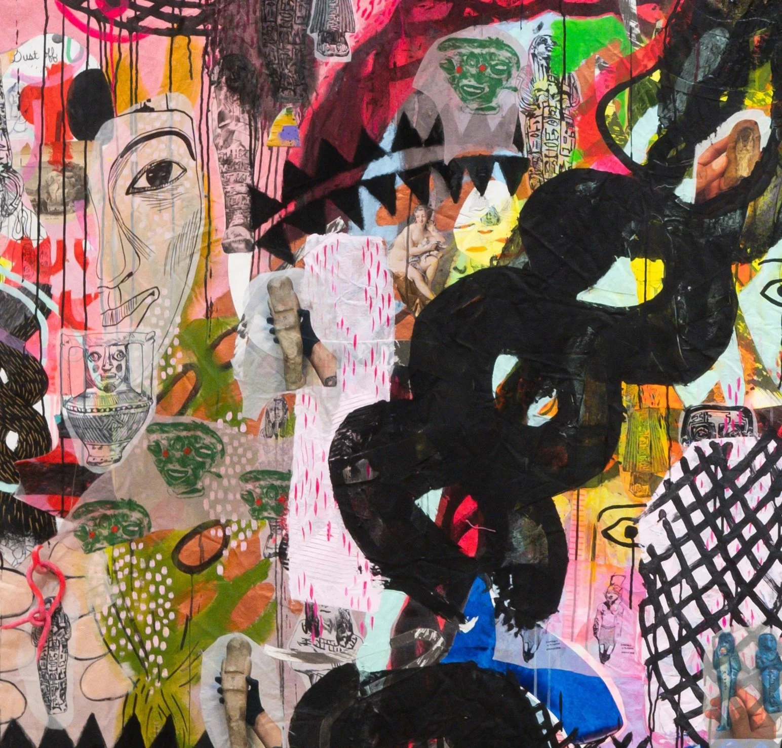 jackie milad OPEN BRAIDS | 135 x 140.5 inches / 343 x 357 cm, mixed-media on hand dyed with canvas, acrylic, gel medium, paint marker, flashe paint, mixed textile and paper collage, 2025