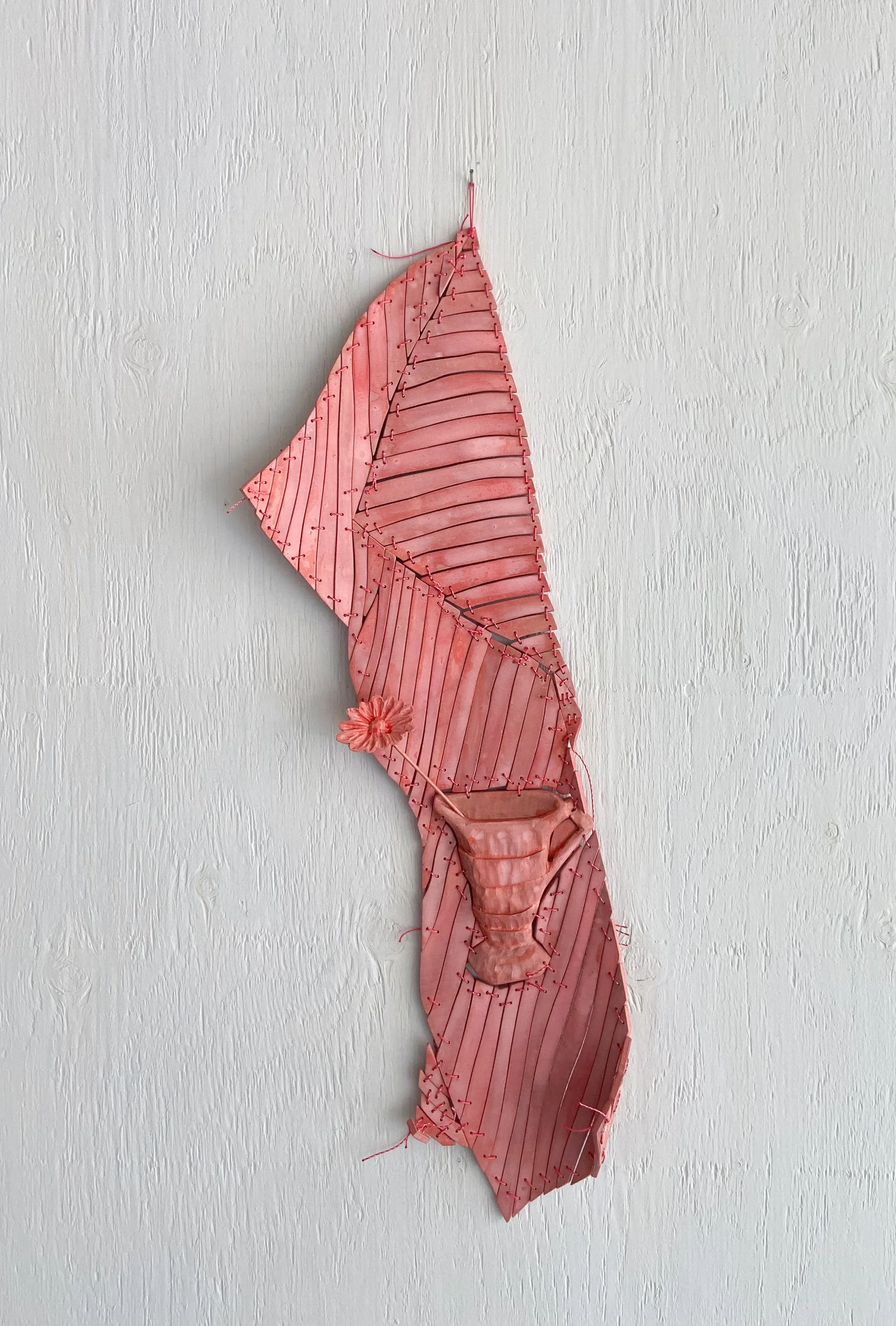 LAUREL, PITCHER (VICTORIAN PINK) | 32 x 11.5 x 2.75 inches / 81 x 29 x 7 cm, acrylic, milk paint, light stable metalized acid dye, and polyurethane on birch plywood and popular with nylon cord, 2026