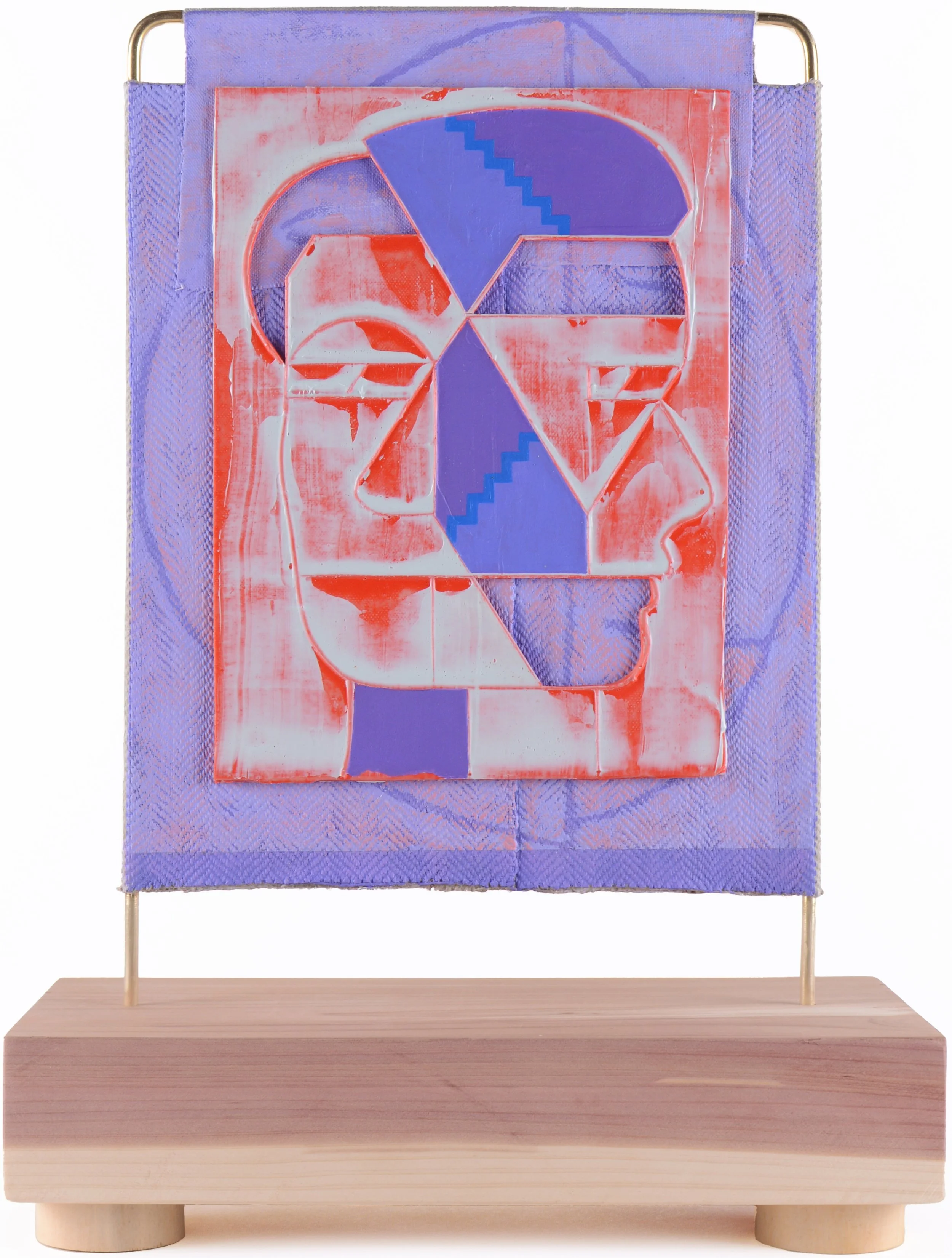 Jacob Feige-Vermilion Monument (Violet, Red)15.75 x 11.5 x 5.5 inches / 40 x 29 x 14 cm, double sided, acrylic, cast acrylic mounted to linen over brass, wooden base, 2025.