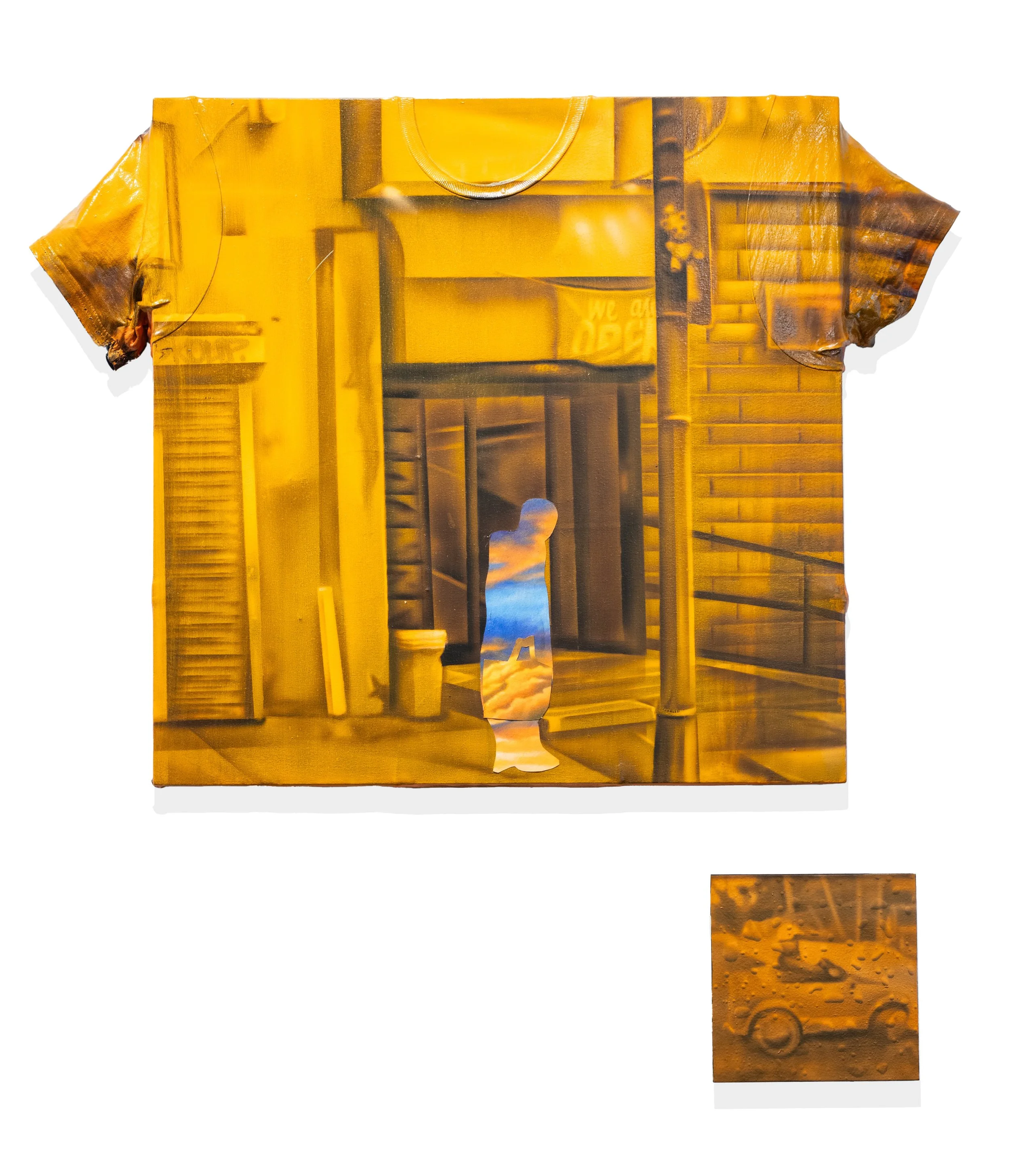 GREENMOUNT GROCERY | 35.5 x 36.5 x 2.75 inches / 90 x 92 x 7 cm, acrylic, oil, collage on gessoed t-shirts, 2025