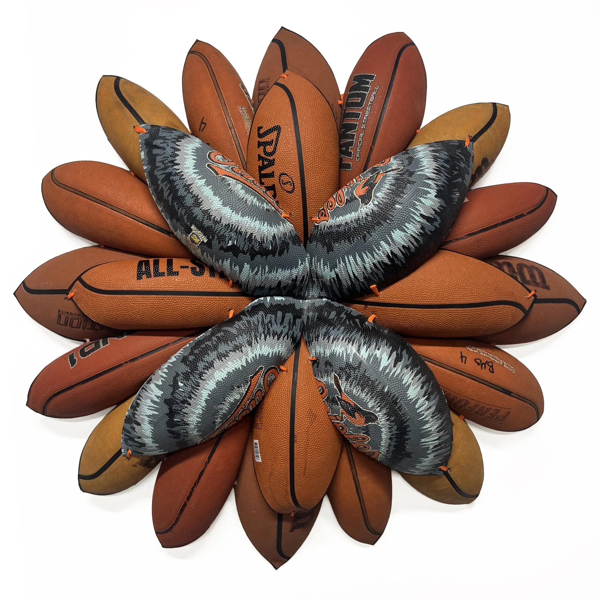 BASKETBALL BLOOM (ORIOLES) | 31 x 31 x 5 inches / 79 x 79 x 12 cm, searched for and collected basketballs, shoestrings, 2026