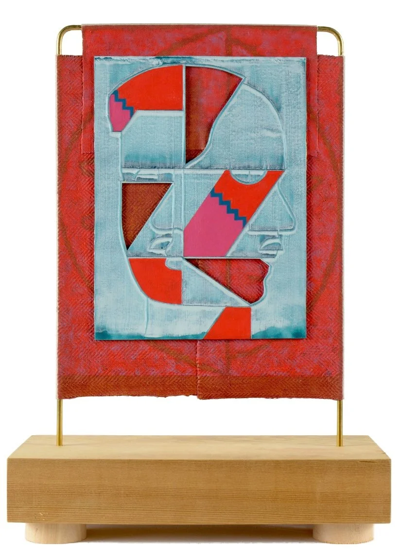 Jacob Feige-Vermilion Monument (Cyan, Red) 15.75 x 11.5 x 5.5 inches / 40 x 29 x 14 cm, double sided, acrylic, cast acrylic mounted to linen over brass, wooden base, 2025.