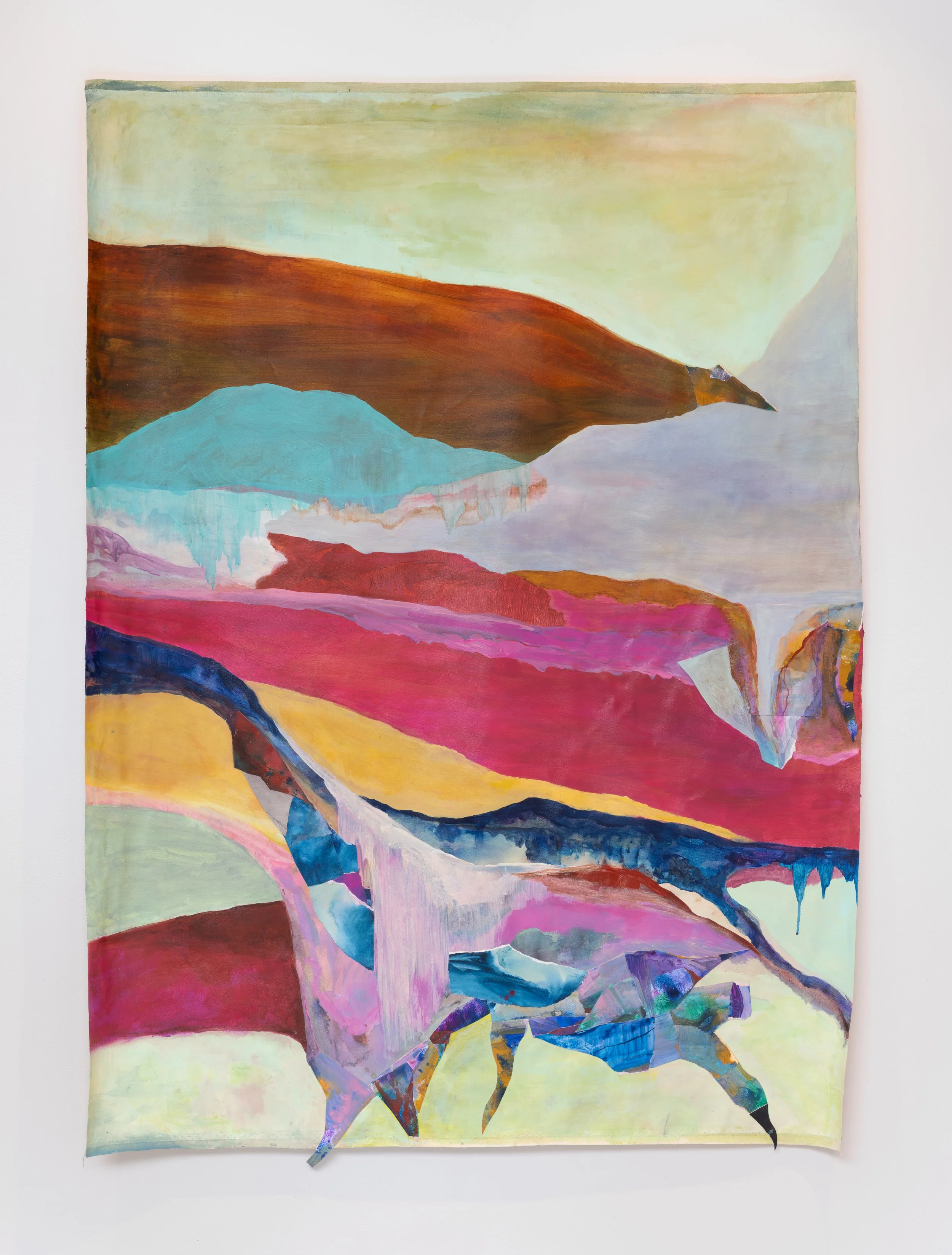 MAPPING A CEASELESS BECOMING (WHEN THE SEA CARRIES ONE PLACE INTO ANOTHER) | 65 x 48 inches / 165 x 122 cm, 
acrylic, ink, colored pencil, collage and cuts and burns on paper mounted on canvas, 
2026