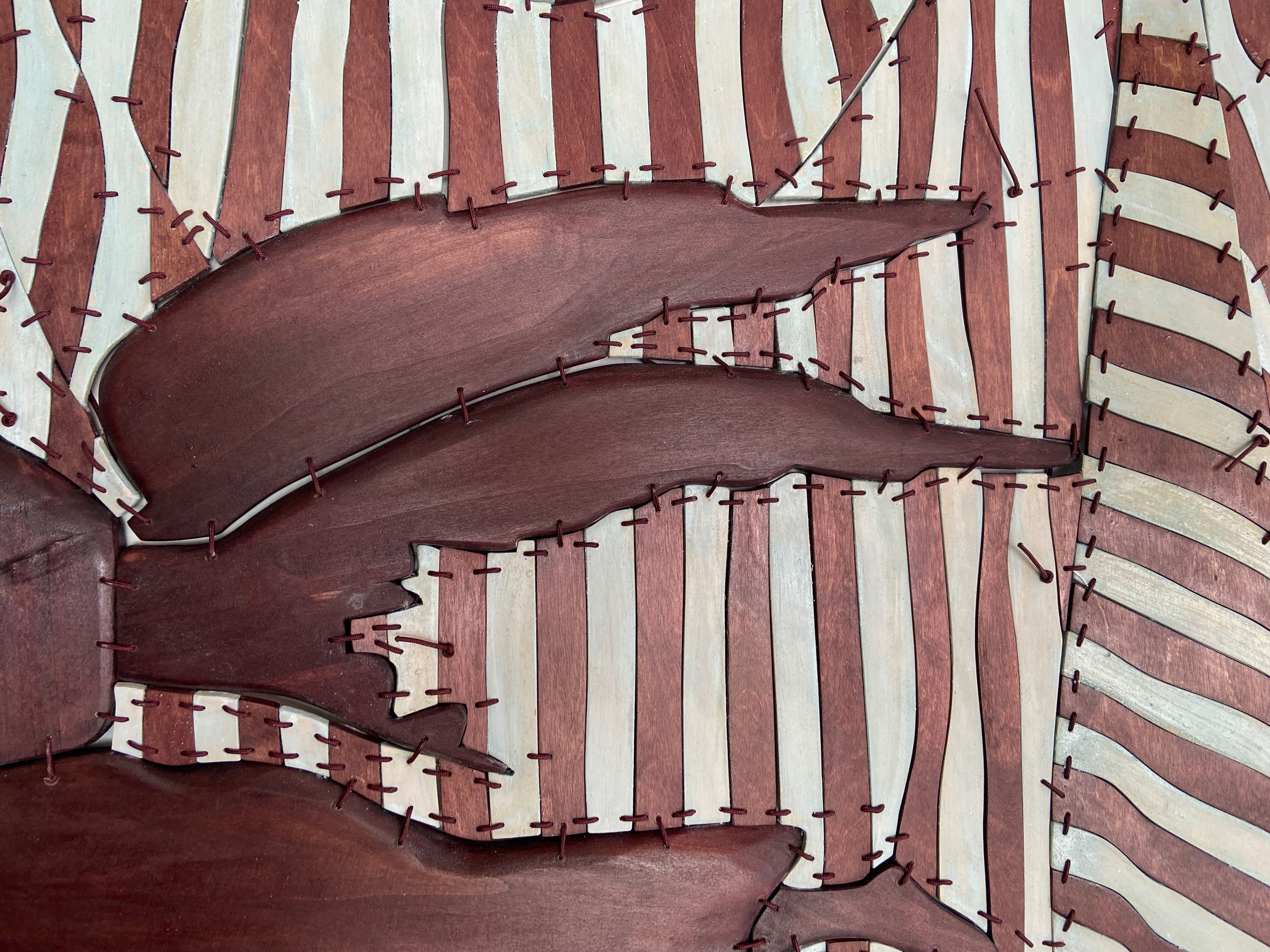 dan gunn- Gabriel Weathervane Scenery, 2026 Milk paint, light stable metalized acid dye, and polyurethane on birch plywood and poplar with nylon cord and hardware. 75 x 58 inches