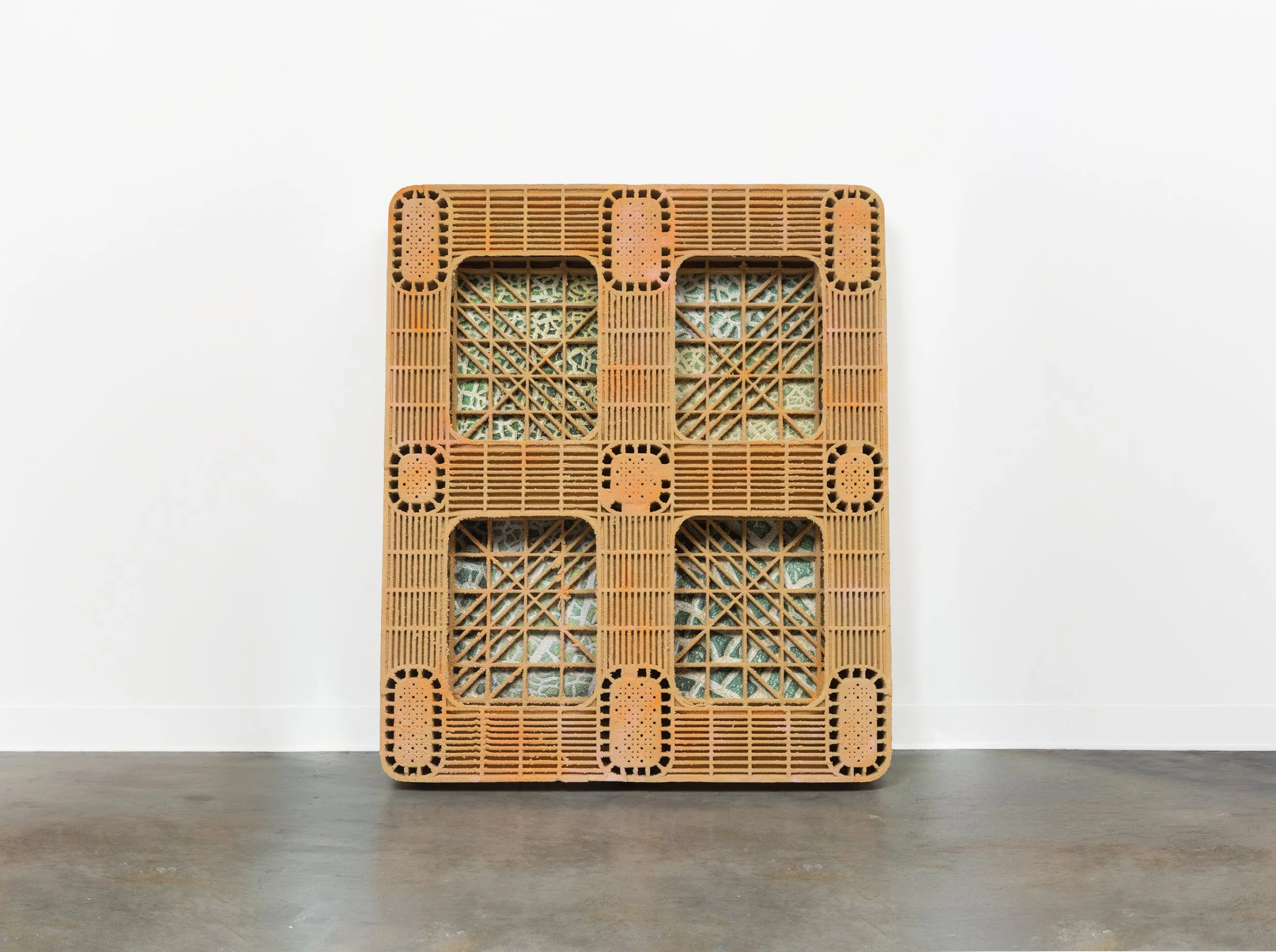 JODY JOYNER | EXPORT PALLET V, 48 x 40 x 6 inches / 121 x 101 x 15 cm, found shipping pallet, flocking, enamel, sesame seeds, UV printing, 2026
