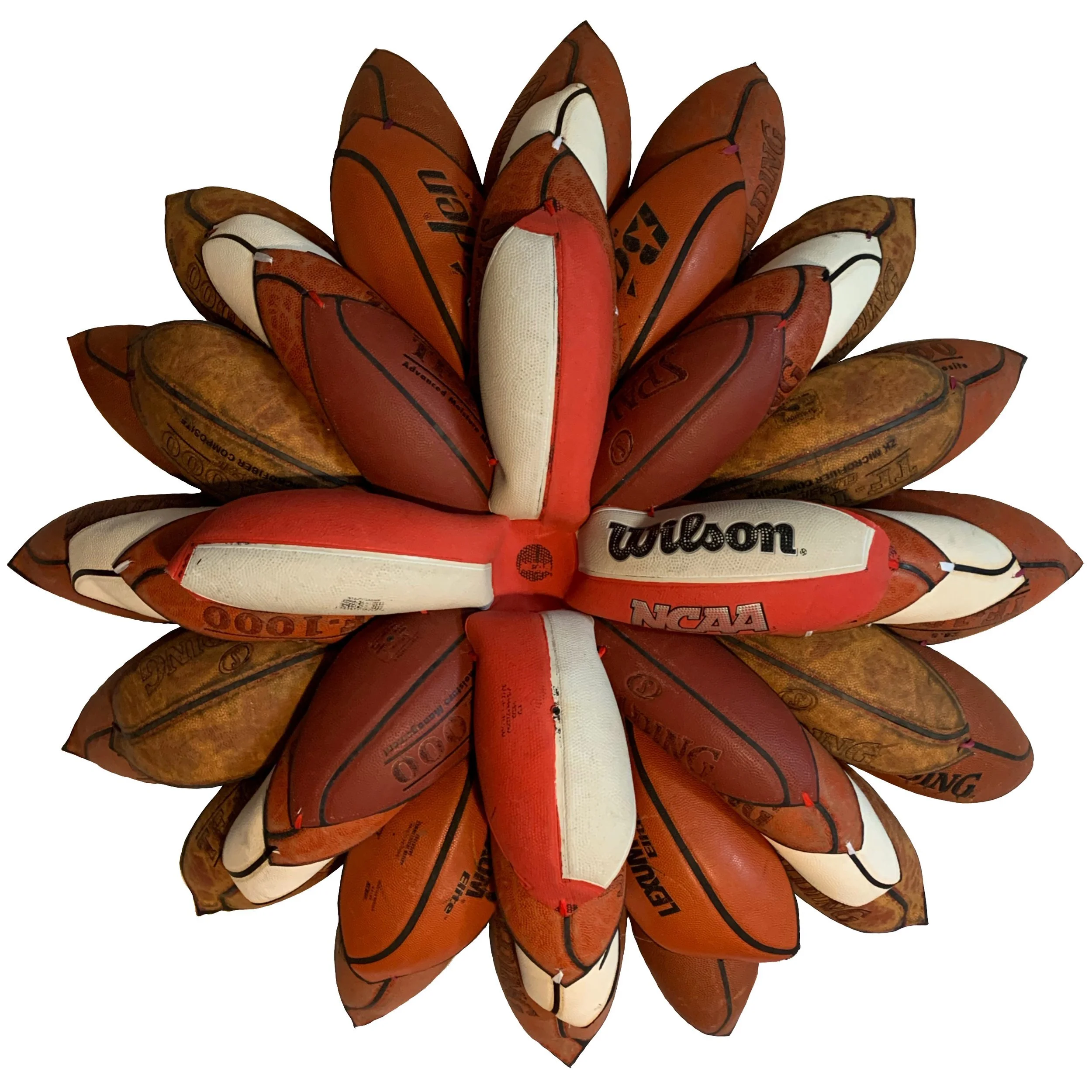 Brandon J. Donahue-Shipp- basketball bloom-40 x 40 x 8 inches / 101 x 101 x 20 cm, searched for and found basketballs, shoestrings, 2022
