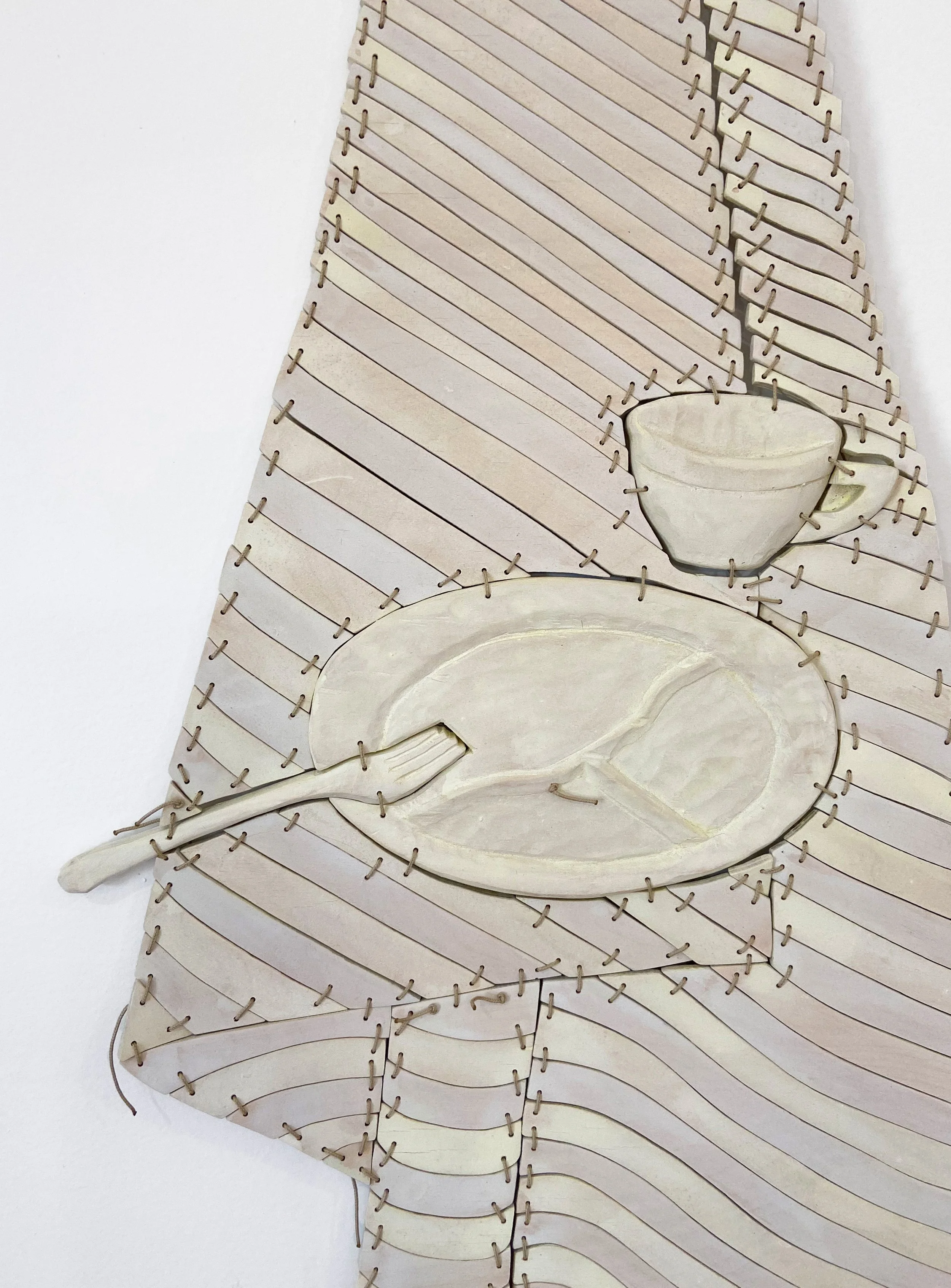 Laurel, Divided Plate with Cup (Ivory), 40 x 17 x .75 inches / 102 x 43 x 2 cm  		     Acrylic, milk paint, light stable metalized acid dye, and polyurethane on birch plywood and poplar with nylon cord, 2022