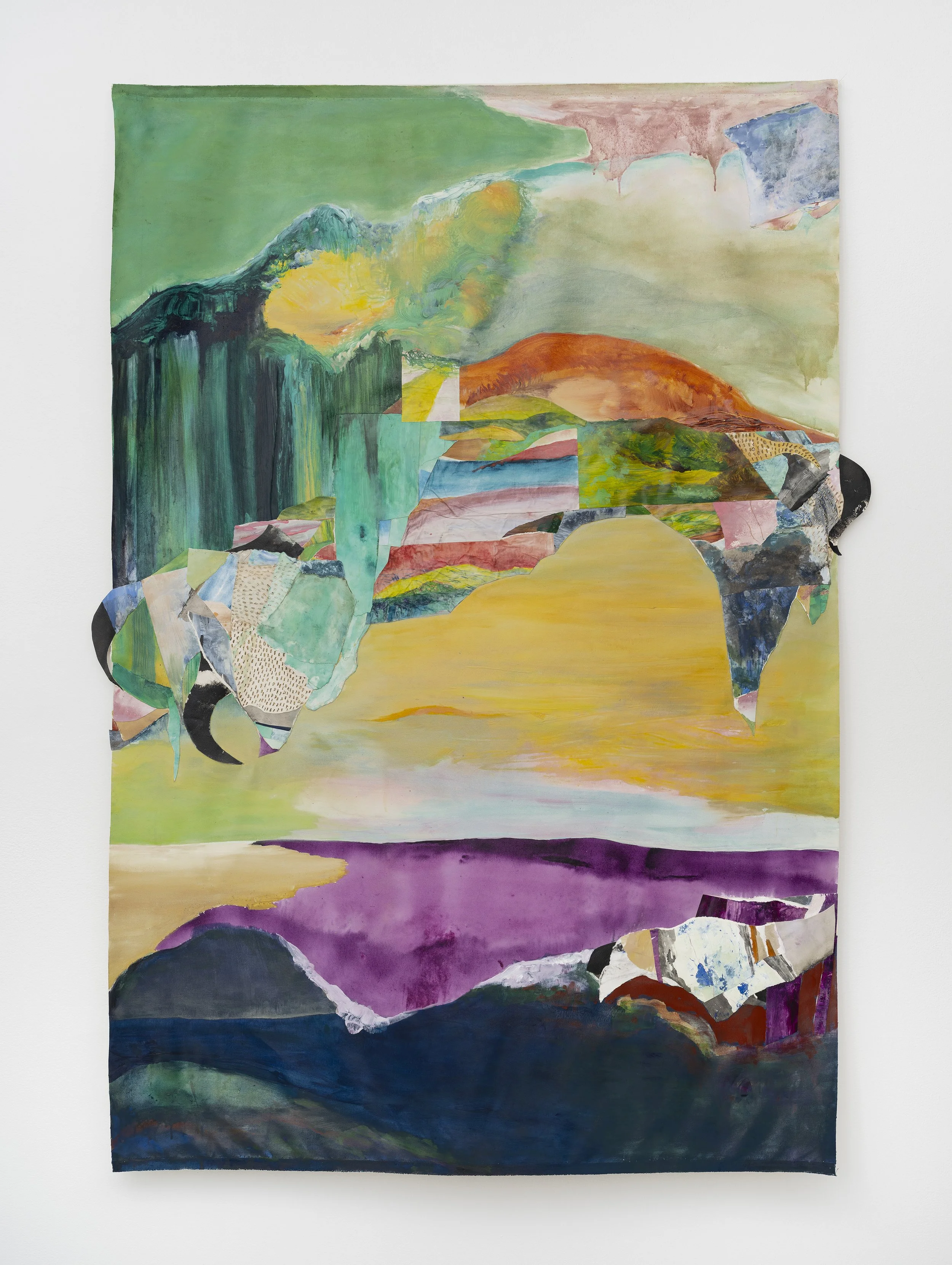 MAPPING A CEASELESS BECOMING (WHEN THE HORIZON HOLDS MORE THAN ONE TIME) | 64.5 x 43.75 inches / 163 x 111 cm, acrylic, ink, colored pencil, collage and cuts and burns on paper mounted on canvas, 2026
