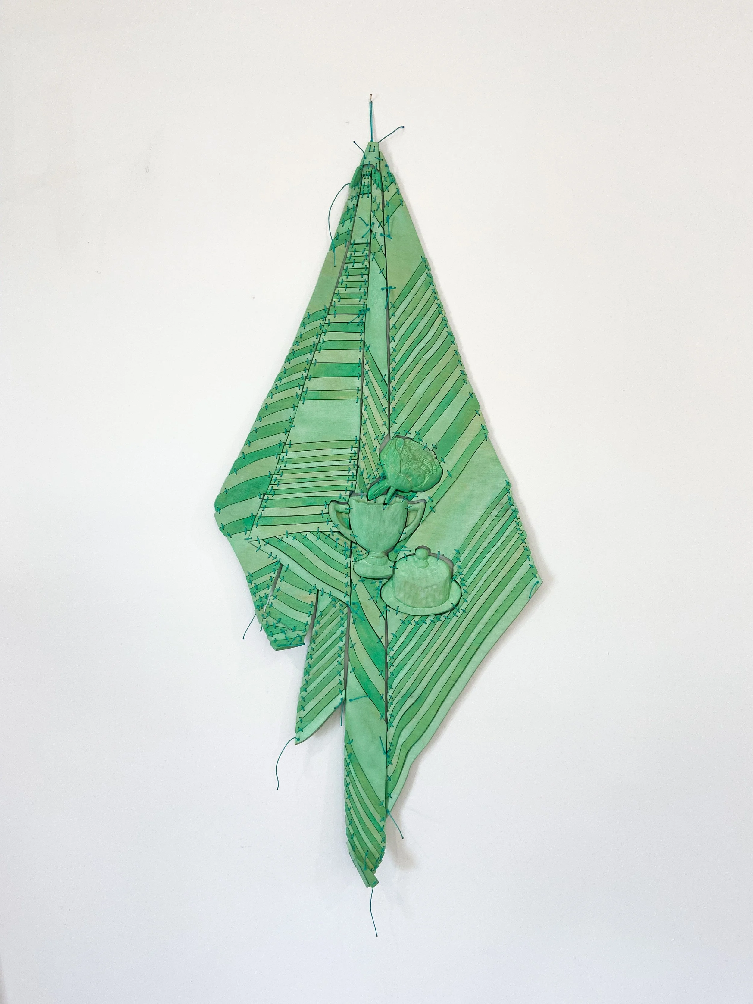 LAUREL, SUGAR AND CHEESE DISH (JADE-ITE) | 43 x 19.5 x 0.75 inches / 109 x 49.5 x 2 cm, acrylic, milk paint, light stable metalized acid dye, and polyurethane on birch plywood and poplar with nylon cord, 2022