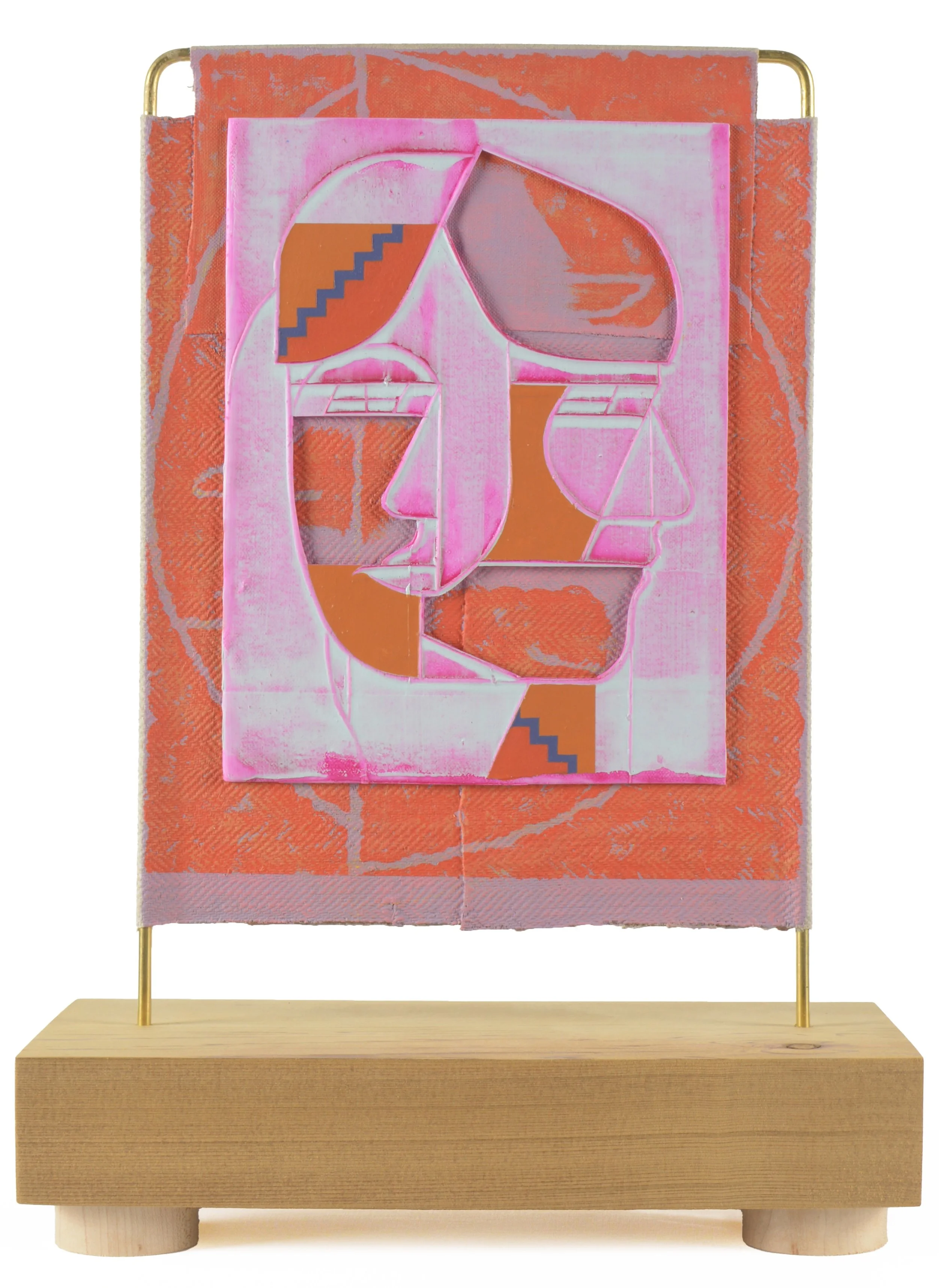 Jacob Feige-Vermilion Monument (Magenta, Orange) 15.75 x 11.5 x 5.5 inches / 40 x 29 x 14 cm, double sided, acrylic, cast acrylic mounted to linen over brass, wooden base, 2025.