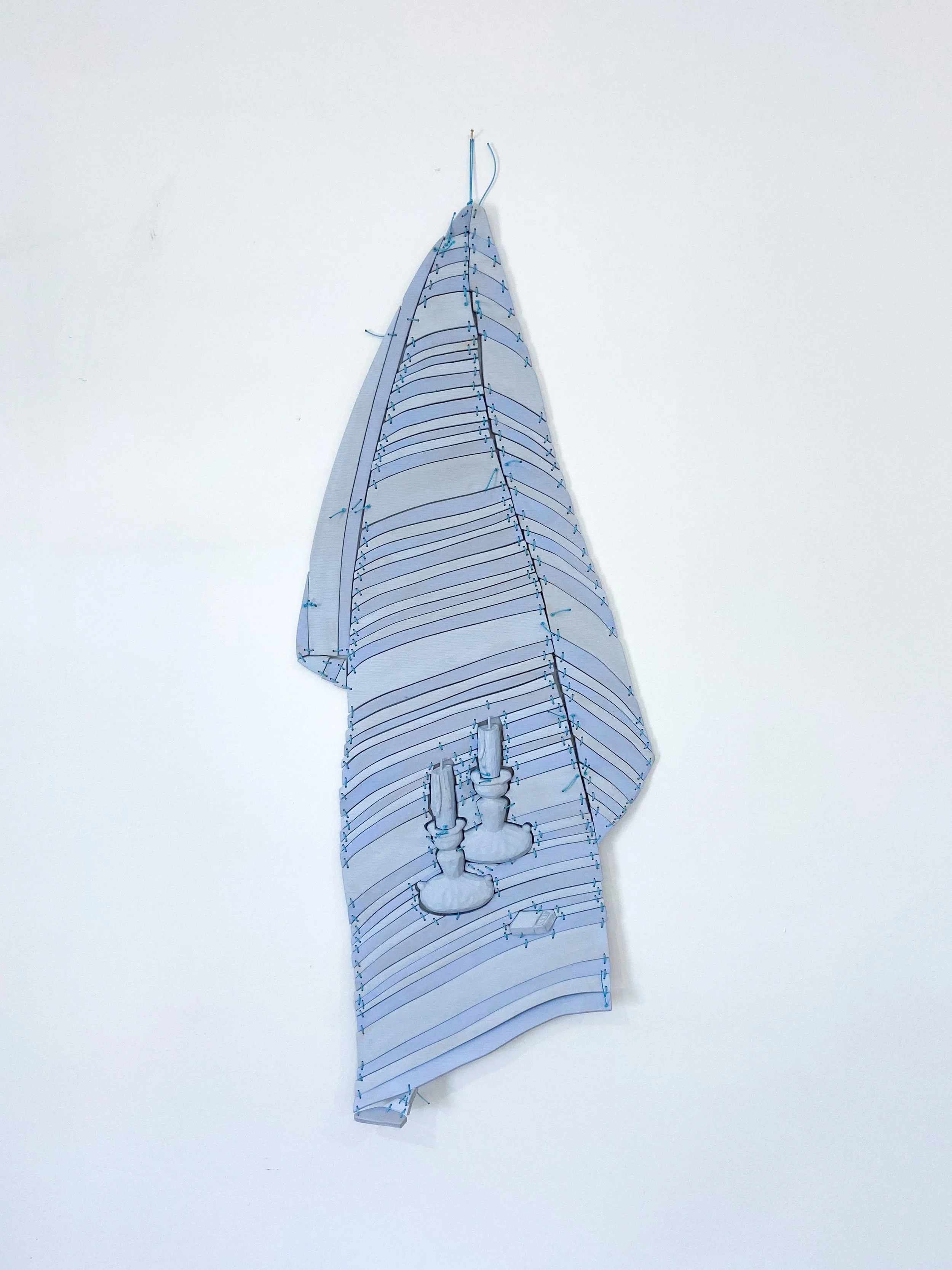 LAUREL, CANDLE STICKS (POUDRE BLUE) | 39 x 15 x 0.75 inches / 99 x 38 x 2 cm, acrylic, milk paint, light stable metalized acid dye, and polyurethane on birch plywood and poplar with nylon cord, 2022