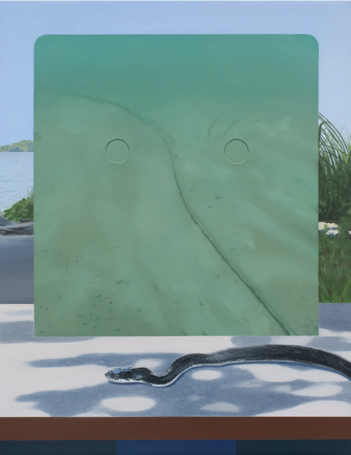 SNAKE IN DAPPLED SUNLIGHT AT THE RIVER (UNDERSEA CABLES) | 18 × 14 inches / 45.7 × 35.6 cm, oil and wax on linen over panel, 2024