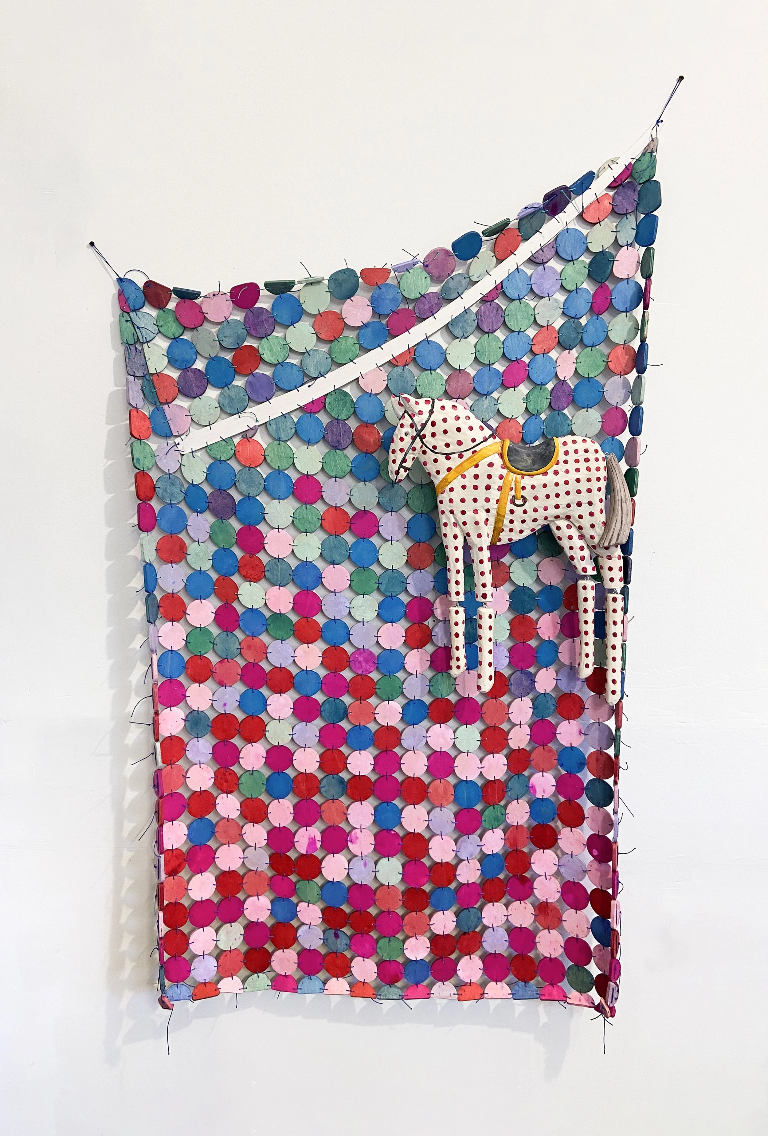 CALLIOPE SCENERY | 58 x 37 x 5 inches / 147 x 94 x 13 cm, acrylic, milk paint, light stable
metalized acid dye, and polyurethane
on birch plywood and poplar with nylon cord, 2025