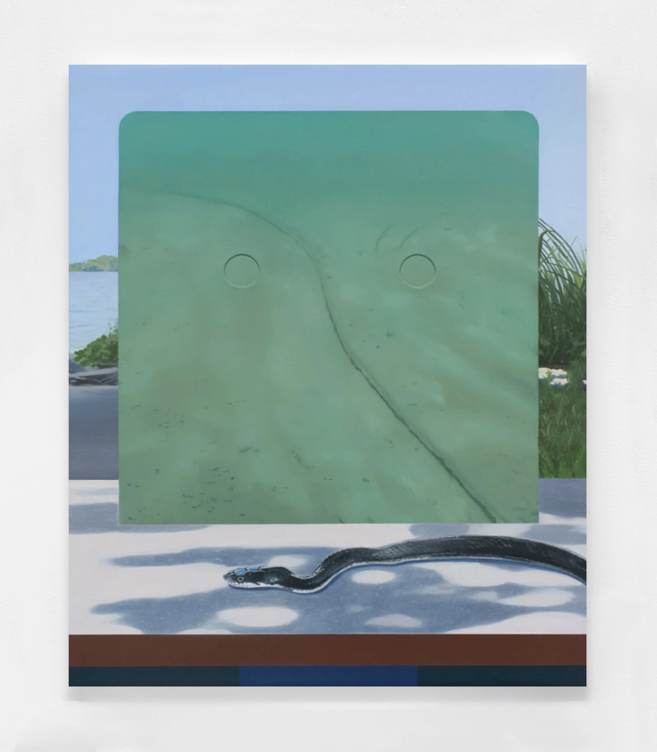SNAKE IN DAPPLED SUNLIGHT AT THE RIVER (UNDERSEA CABLES) | 18 × 14 inches / 45.7 × 35.6 cm, oil and wax on linen over panel, 2024