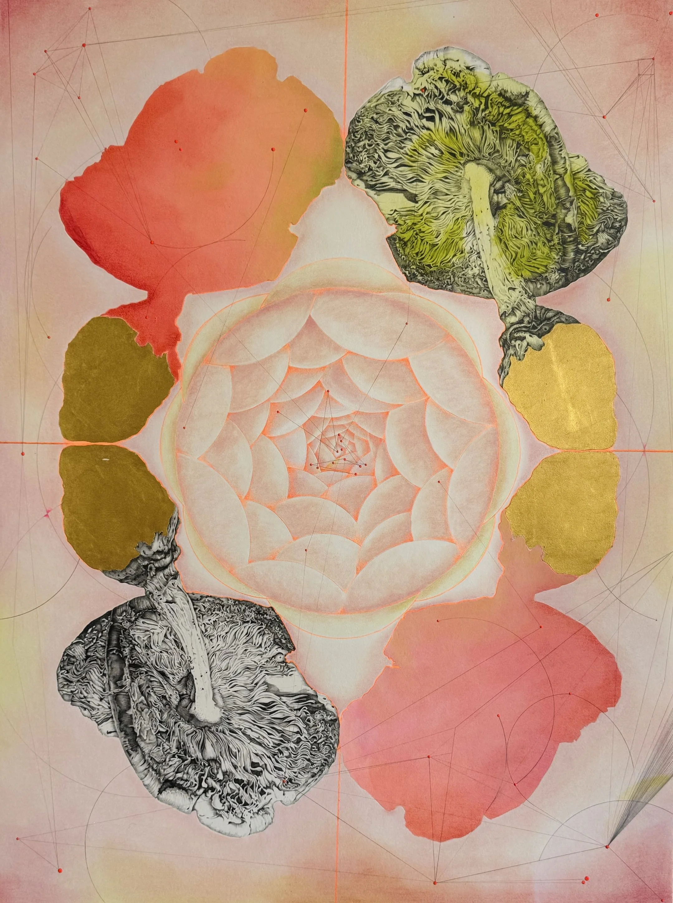 SILENT SYMPHONY V | 30 x 22.5 inches / 76.2 x 47 cm, graphite, acrylic, colored pencil gold leaf, glitter, collage on paper, 2024