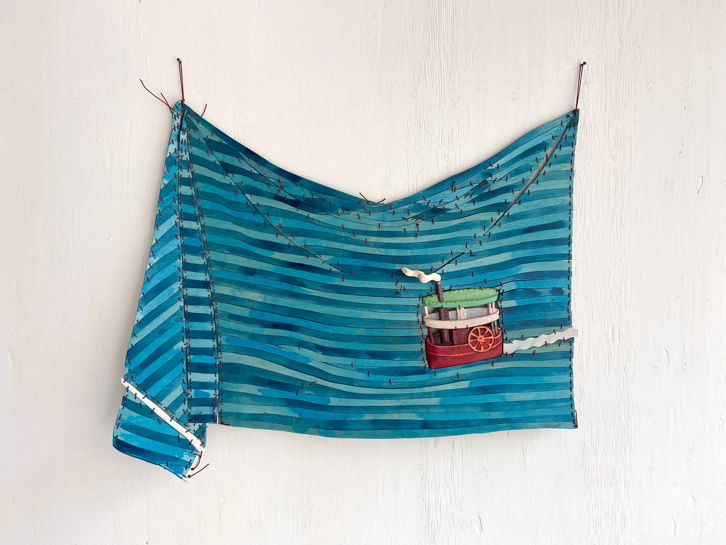 Dan Gunn- PADDLEBOAT SCENERY | 34 x 46 x 2 inches / 86 x 116 x 5 cm, acrylic, light stable metalized acid dye and polyurethane on birch plywood and poplar with nylon cord, 2026