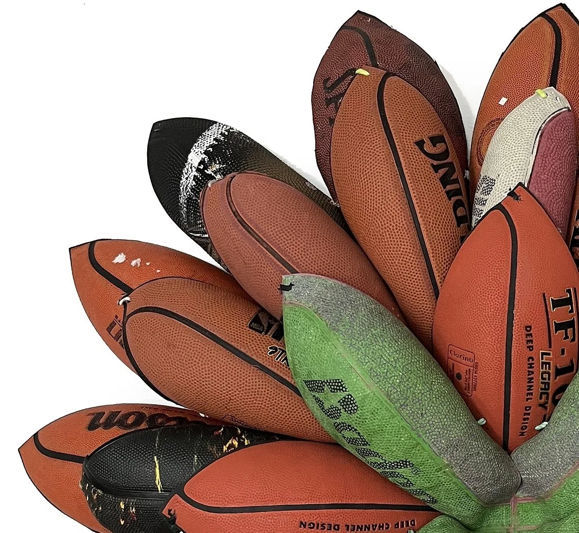 Brandon J. Donahue-Shipp-Basketball Bloom (Hop Step) 38 x 38 x 7 inches / 96.5 x 96.5 x 17.8 cm, searched for and found basketballs, shoestrings, 2022