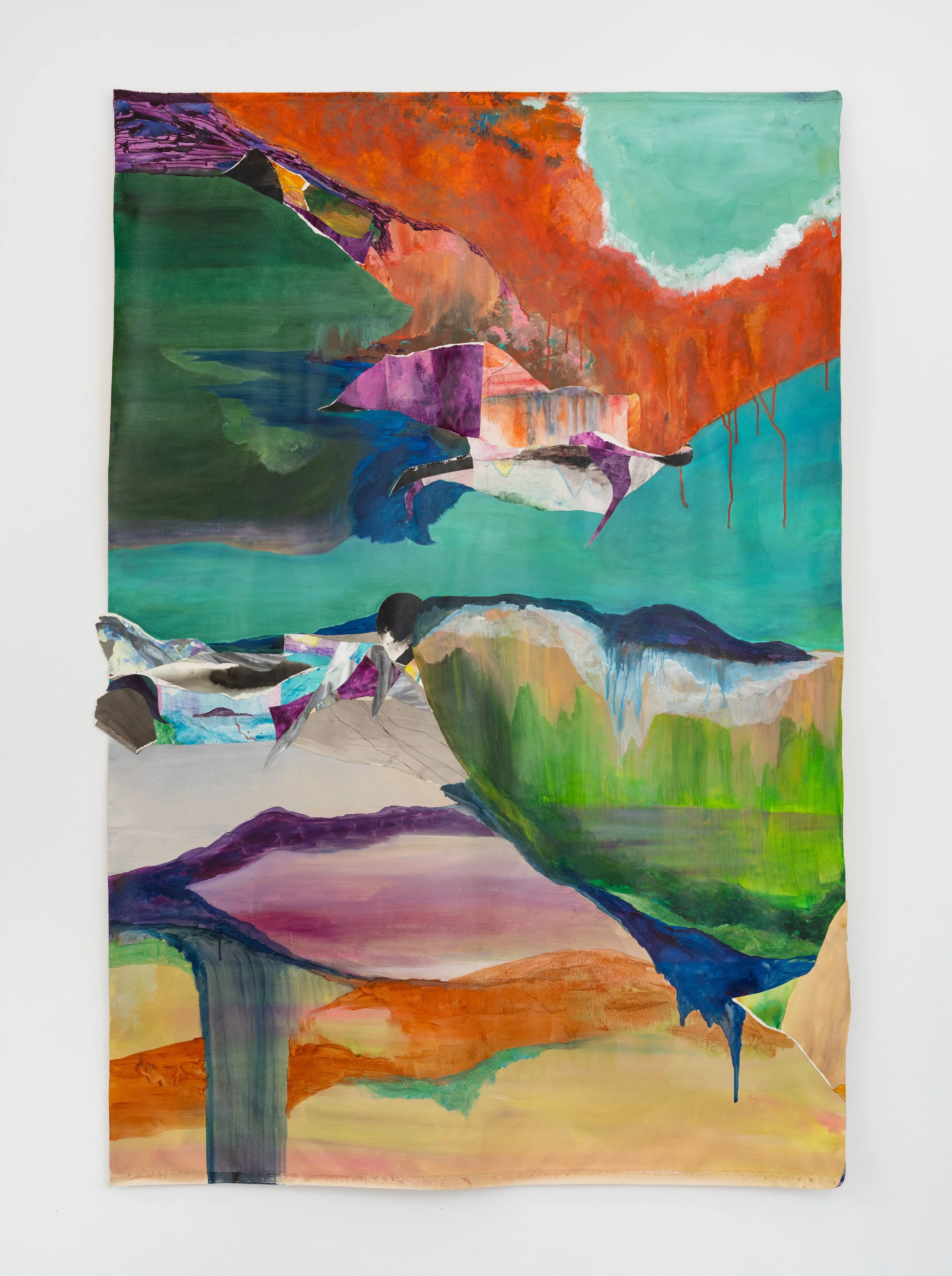 MAPPING A CEASELESS BECOMING (WHEN FRAGMENTS GATHER) | 64.5 x 44 inches / 163 x 112 cm, acrylic, ink, colored pencil, collage and cuts and burns on paper mounted on canvas
2026