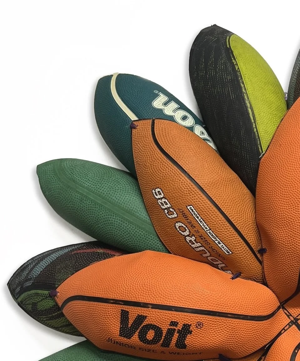 Brandon J. Donahue-Shipp-Basketball Bloom (Butyl Bladder), 30 x 30 x 5 inches, searched for and collected basketballs, shoestrings, 2025.jpg