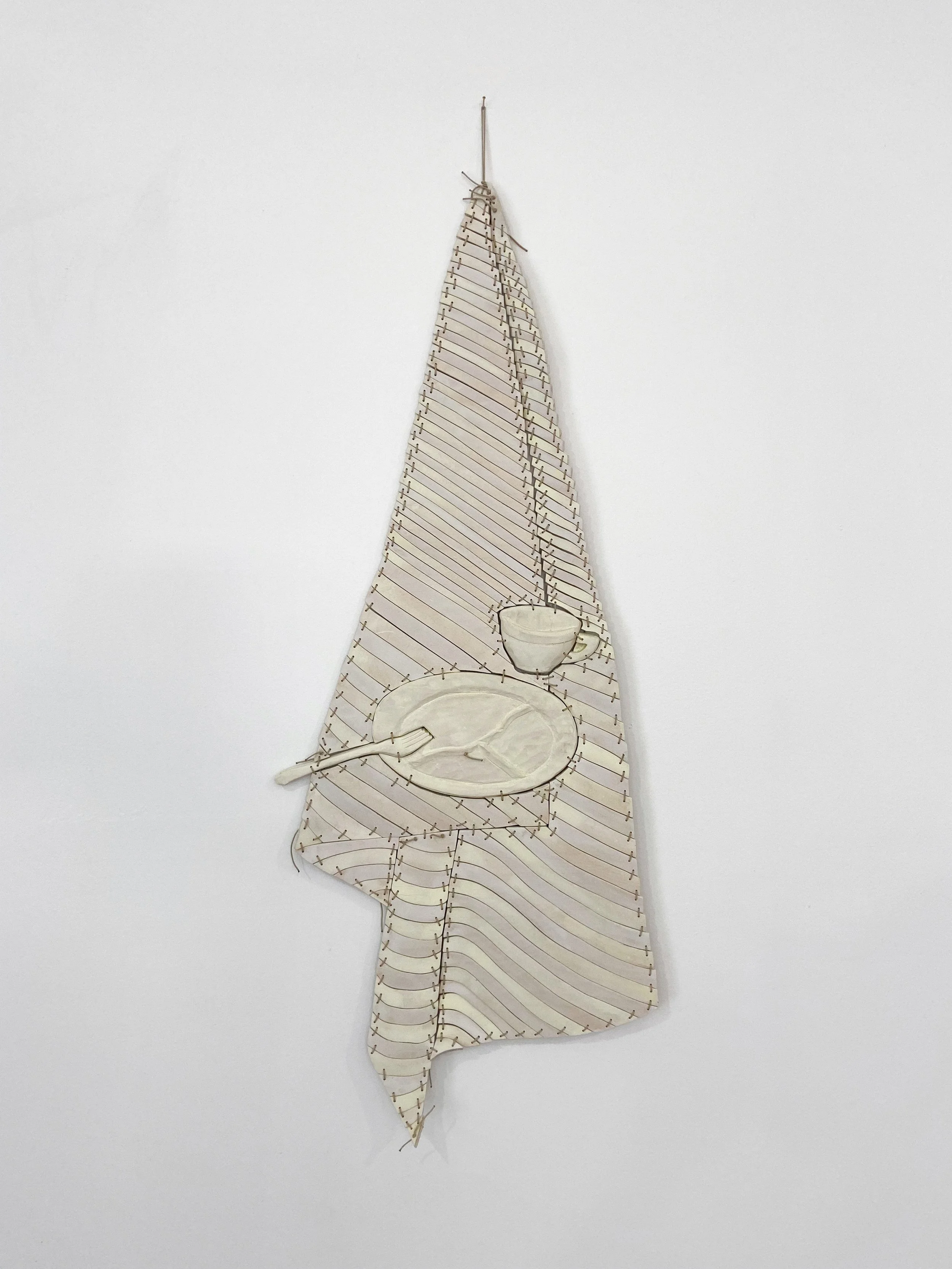 Laurel, Divided Plate with Cup (Ivory), 40 x 17 x .75 inches / 102 x 43 x 2 cm  		     Acrylic, milk paint, light stable metalized acid dye, and polyurethane on birch plywood and poplar with nylon cord, 2022