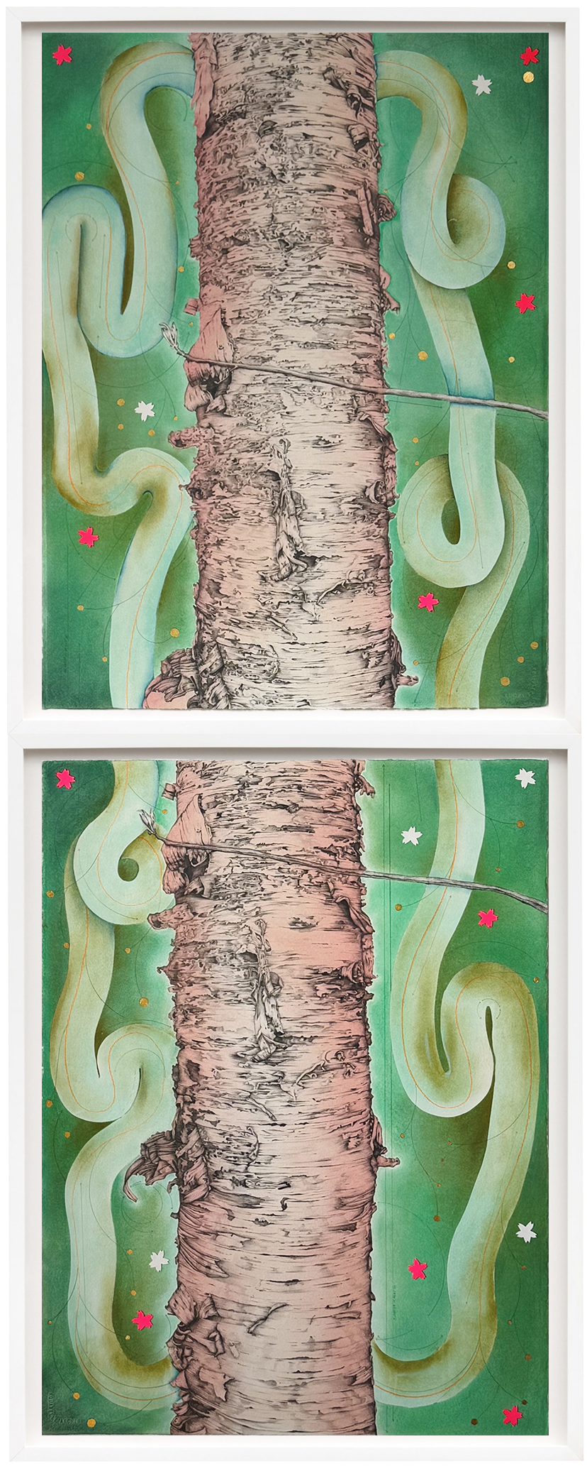 WHEN NIGHT FALLS | 60 x 22.5 inches / 152 x 57 cm, graphite, pastel, colored pencil, gold leaf, collage on paper, 2025