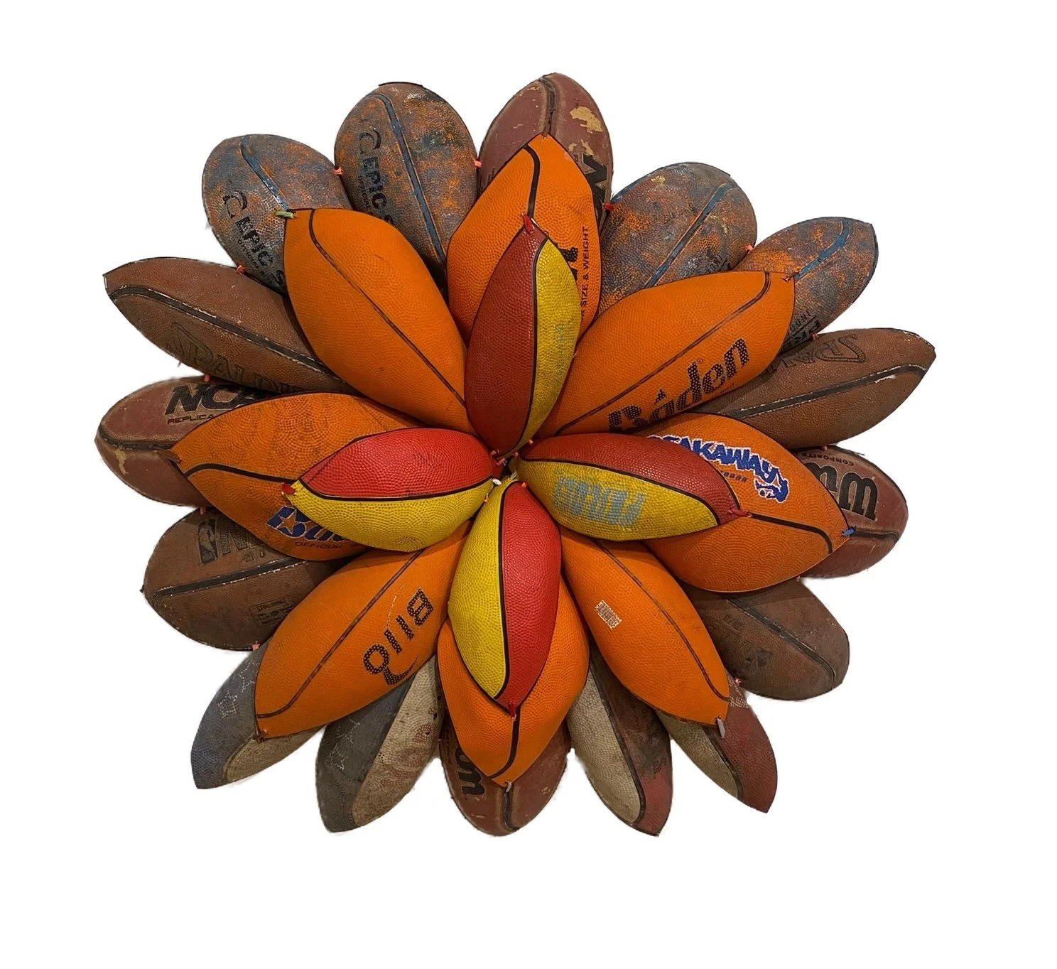 Brandon J. Donahue-Shipp-Basketball Bloom (Breakaway Outdoor) 31 x 32 x 7 inches / 79 x 81 x 17 cm, searched for and found basketballs, shoestrings, 2024
