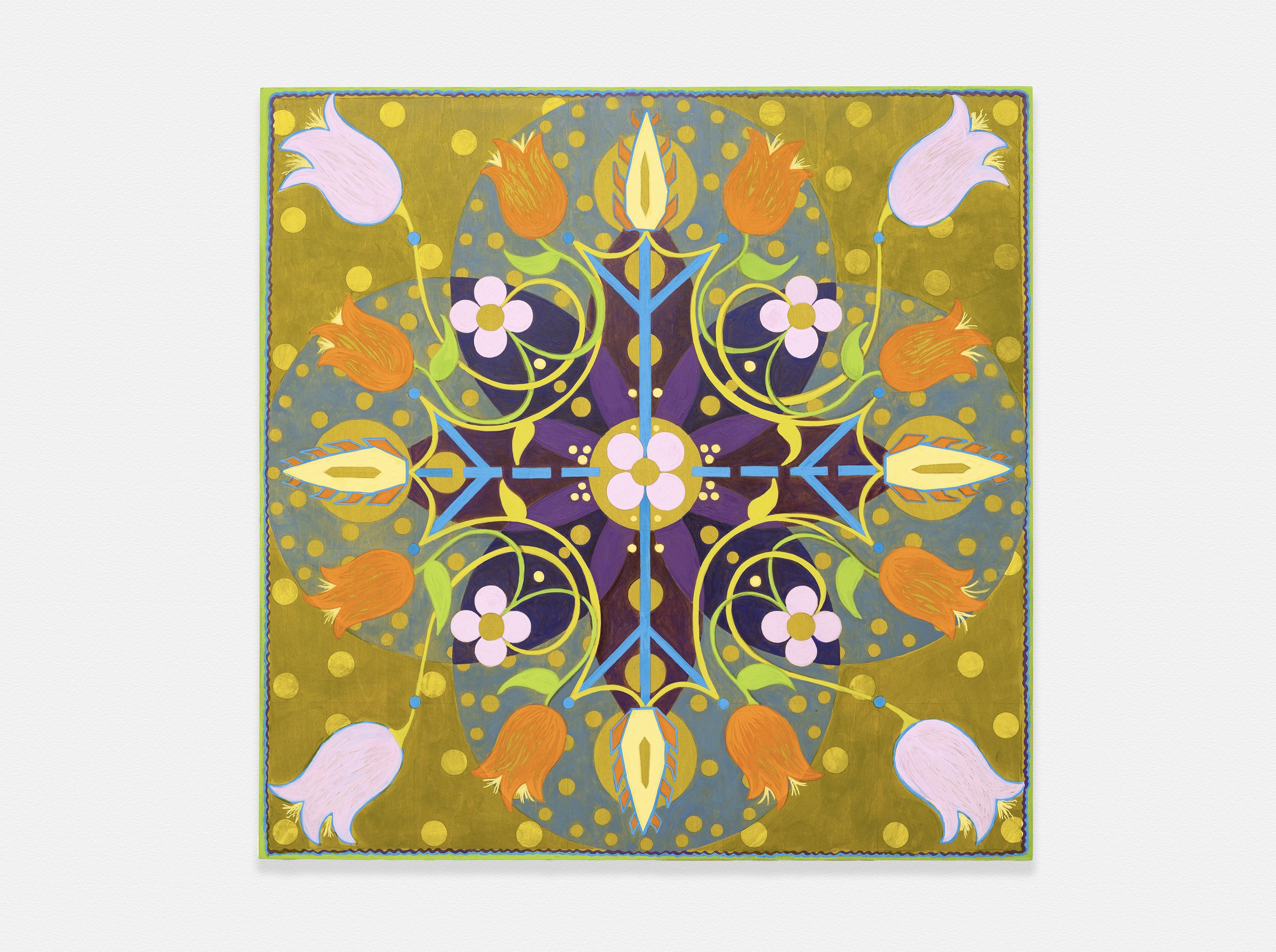 NATESSA AMIN | QUICKENING (EARLY AMERICAN COVERLET, SPRING), 20 x 20 inches / 51 x 51 cm, acrylic and foraged Pennsylvania black walnut ink on panel, 2026