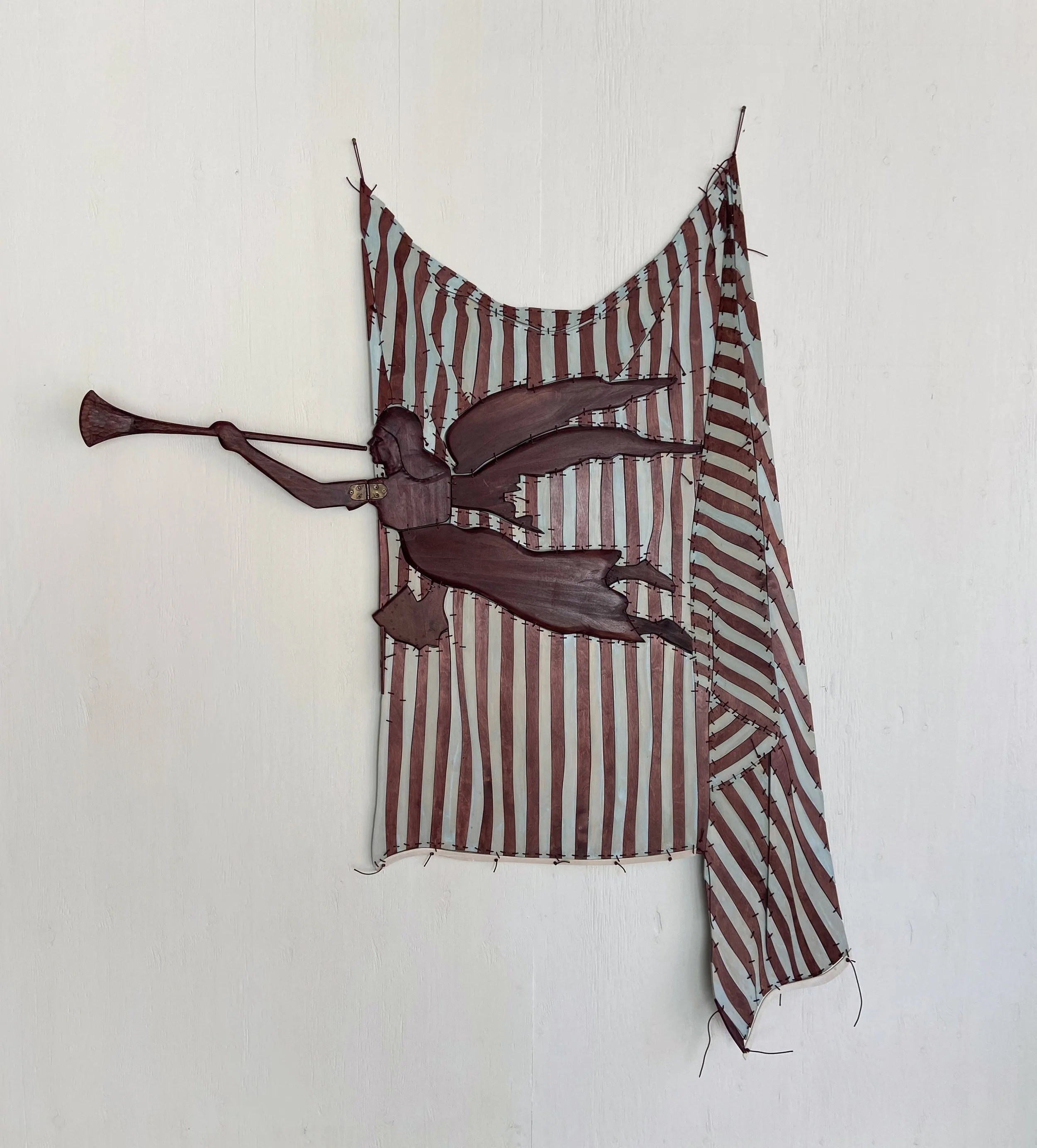 GABRIEL WEATHERVANE SCENERY | 75 x 58 x 2 inches / 190.5 x 147 x 5 cm, milk paint, light stable metalized acid dye, and polyurethane on birch plywood and poplar with nylon cord and hardware, 2026