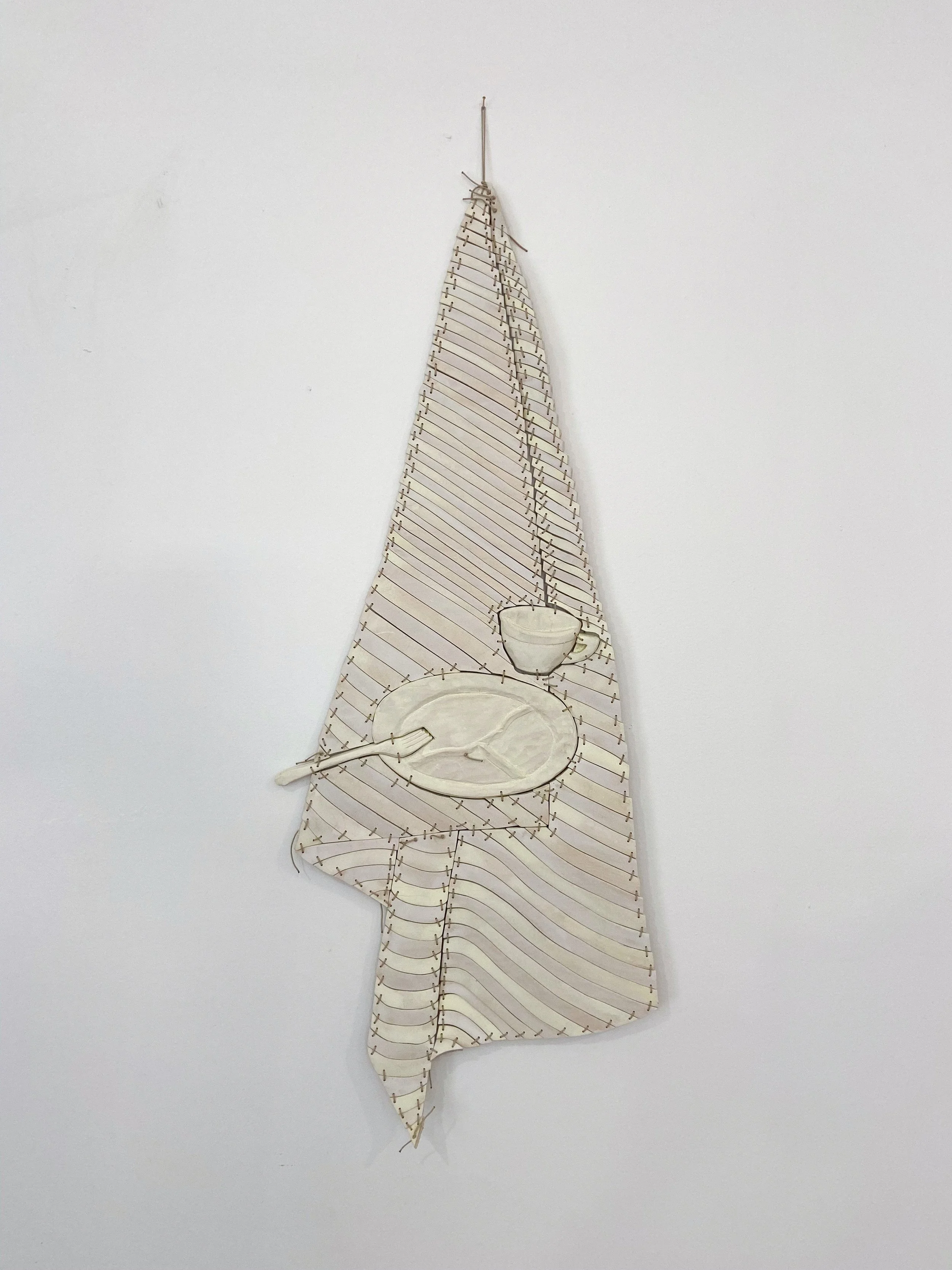 LAUREL, DIVIDED PLATE WITH CUP (IVORY) | 40 x 17 x 0.75 / 101 x 43 x 2 cm, acrylic, milk paint, light stale metalized acid dye, and polyurethane on birch plywood and poplar with nylon cord, 2022