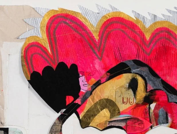 Jackie Milad- La Cueva Llena | 45 x 33 inches / 114.3 x 83.8 cm, mixed-media collage on found canvas, 2023