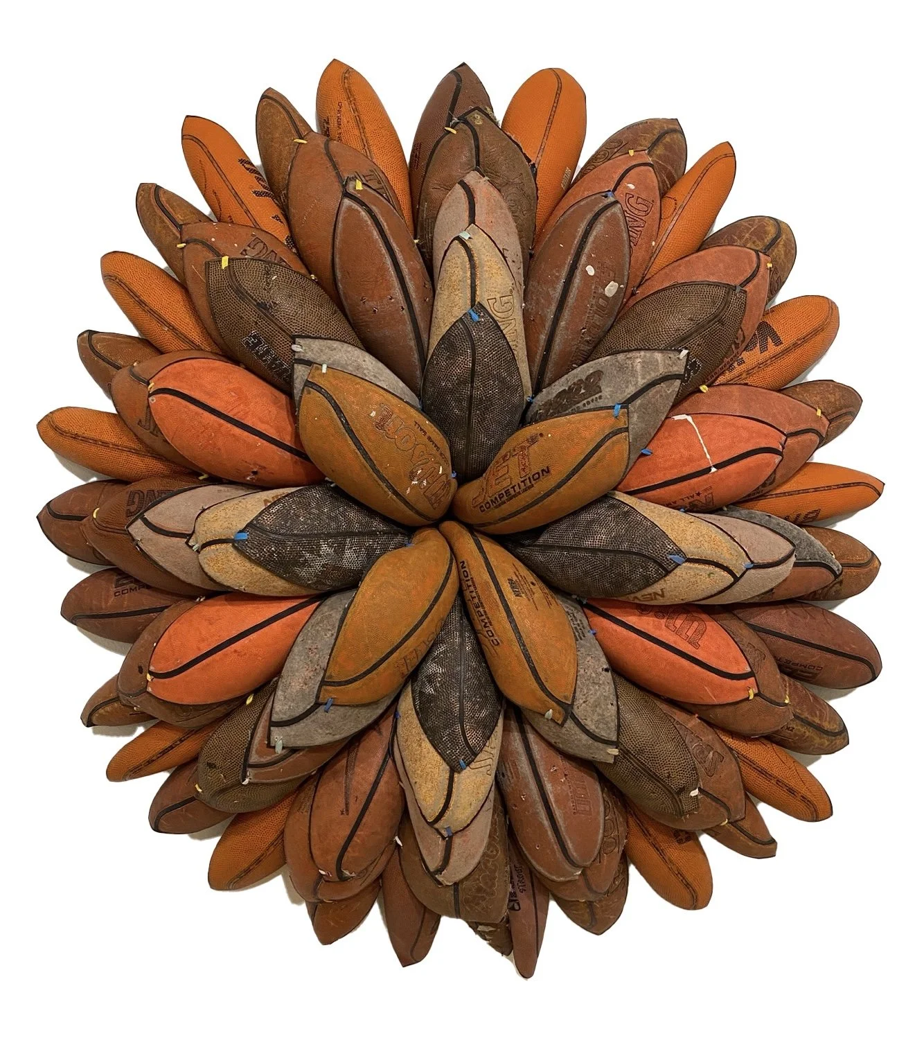 BASKETBALL BLOOM (JET COMP II) | 44 x 48 x 8 inches / 112 x 122 x 20 cm, searched for and found basketballs, shoestrings, 2024