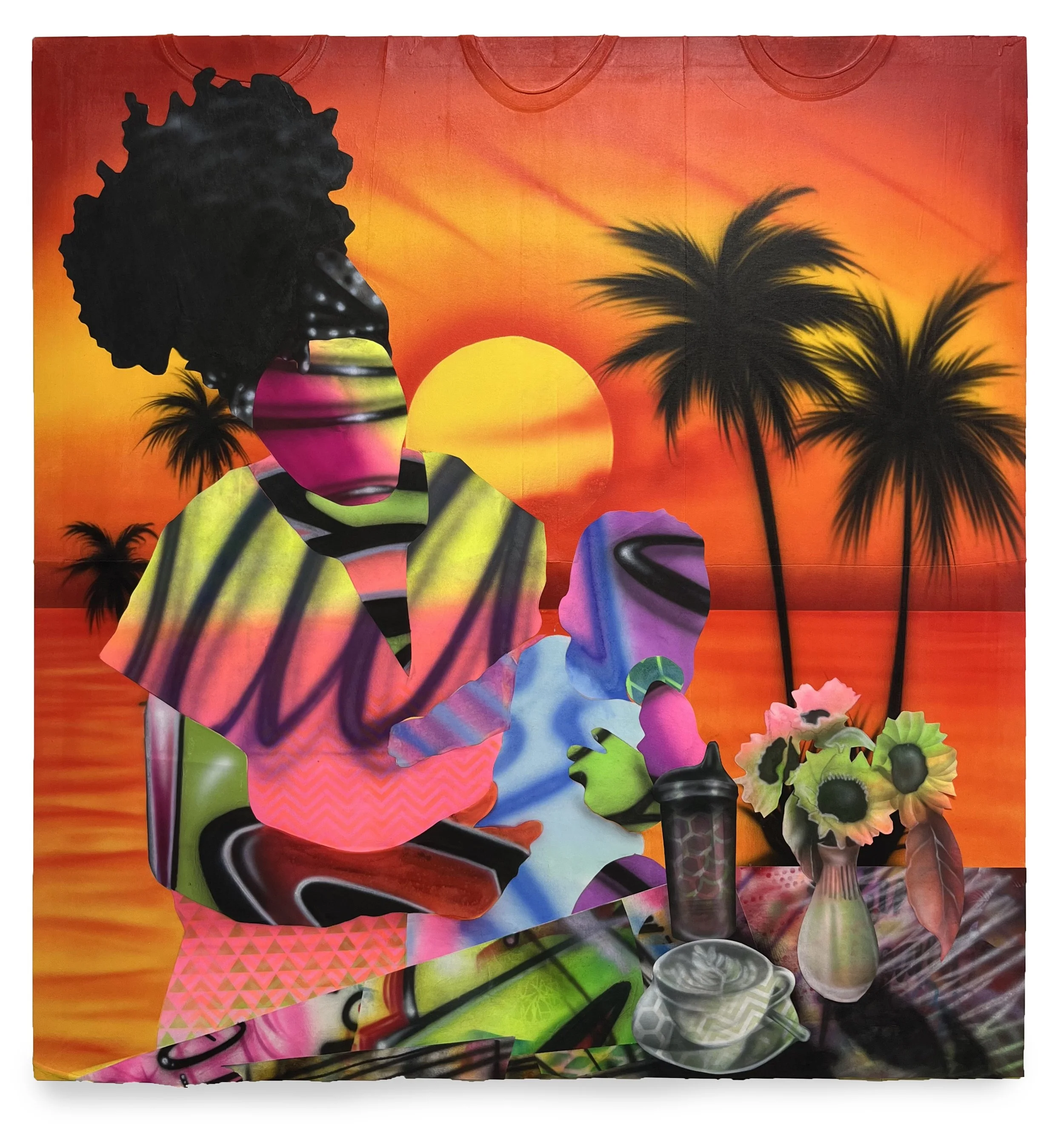 SUNSET DINERS | 48 x 46 inches / 121 x 116 cm, airbrush acrylic, collage on t-shirt canvas, 2024

