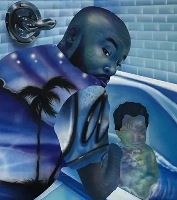 Brandon J. Donahue-Shipp_Bathtime_55 x 55 inches / 140 x 140 cm, airbrush acrylic, collage on t-shirt canvas, 2024