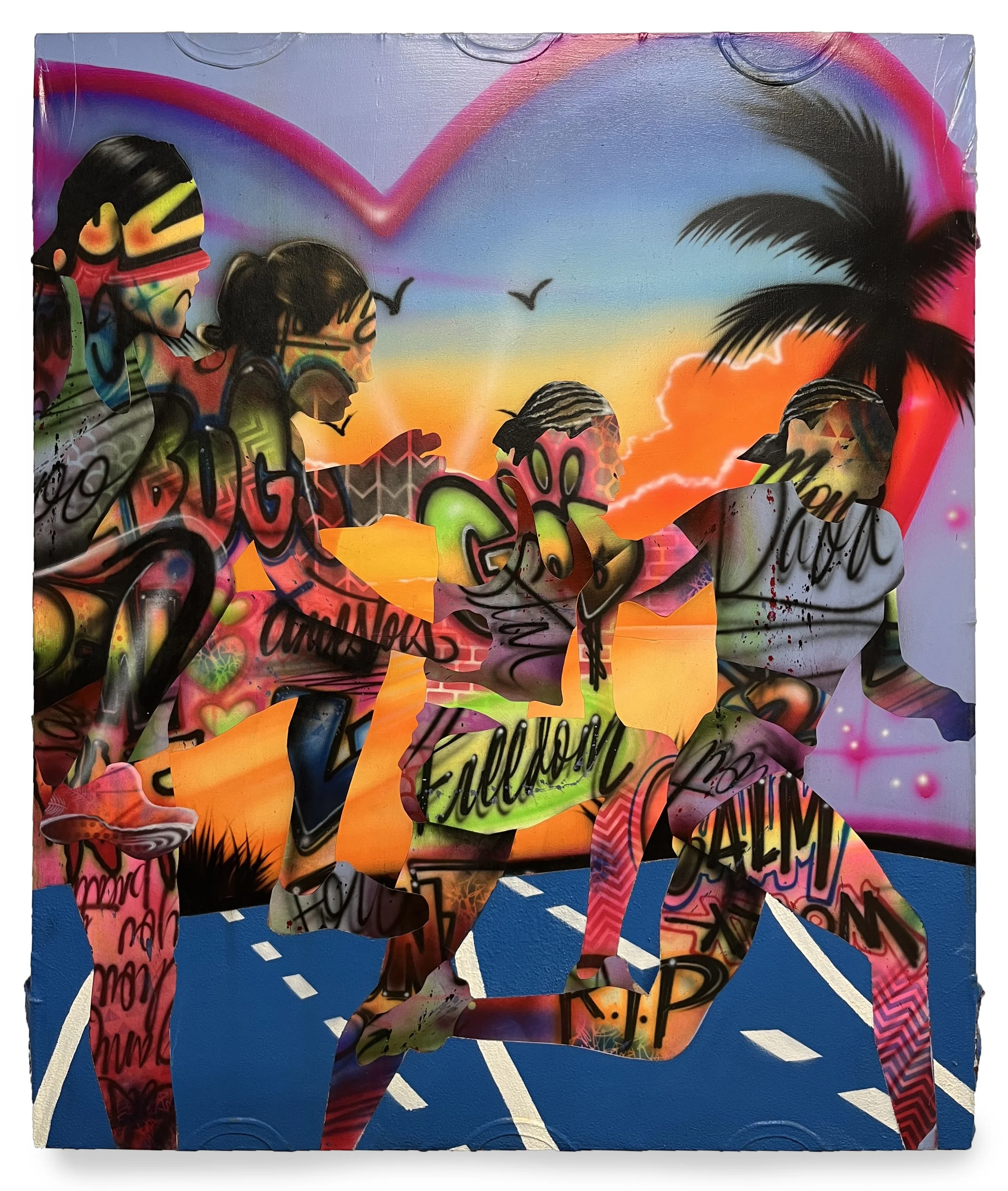 TRACK MEET STREAM OF CONSCIOUSNESS | 56 x 48 inches / 142 x 121 cm, airbrush acrylic, collage on t-shirt canvas, 2024