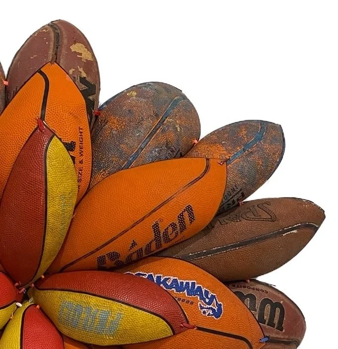 Brandon J. Donahue-Shipp-Basketball Bloom (Breakaway Outdoor) 31 x 32 x 7 inches / 79 x 81 x 17 cm, searched for and found basketballs, shoestrings, 2024