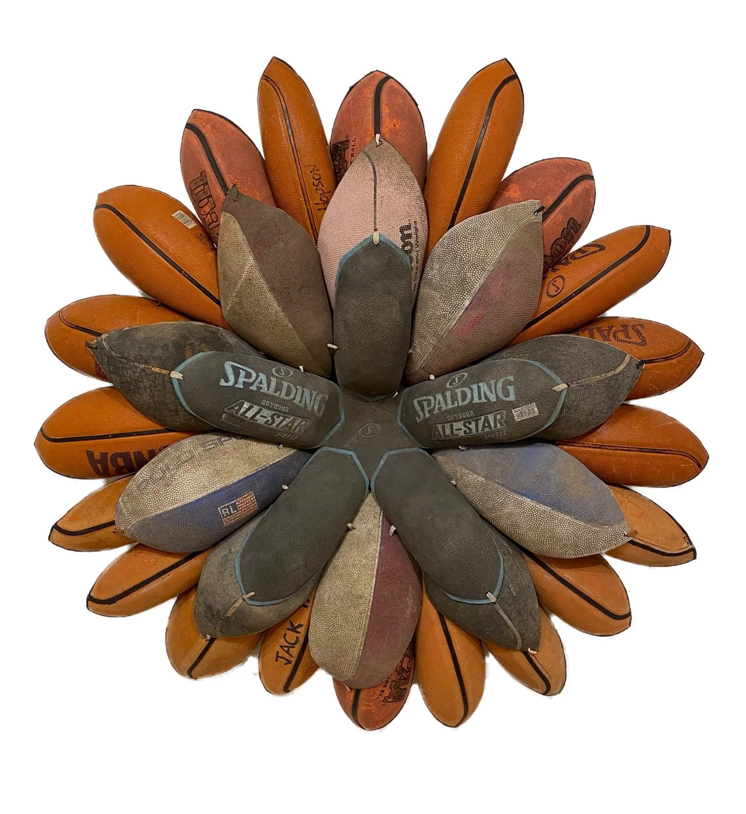 Brandon J. Donahue-Shipp-Basketball Bloom (Spalding All-Star) | 38 x 38 x 7 inches / 96 x 96 x 17 cm, searched for and found basketballs, shoestrings, 2024