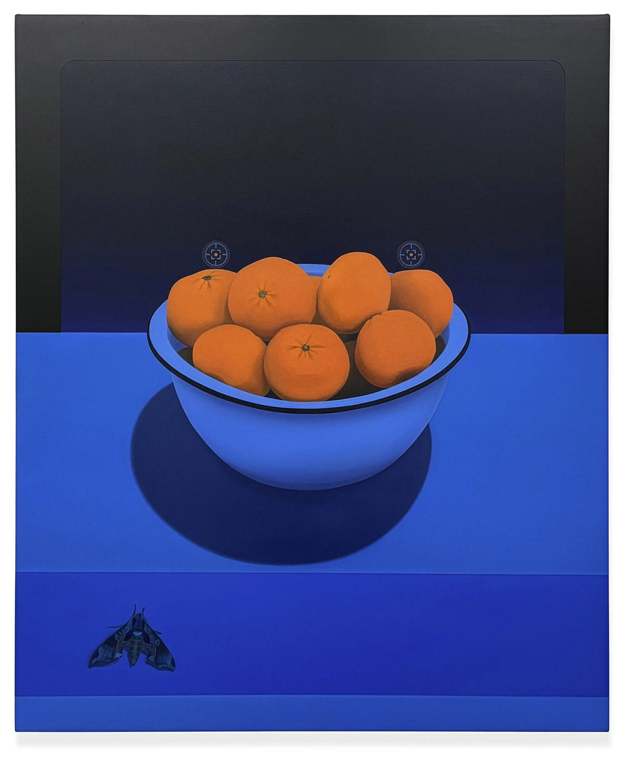 Sarah Pater - ORANGES WITH PANDORA SPHINX MOTH (TWIN TARGETS) | 24 x 20 inches / 61 x 51 cm, oil and wax on canvas over panel, 2025