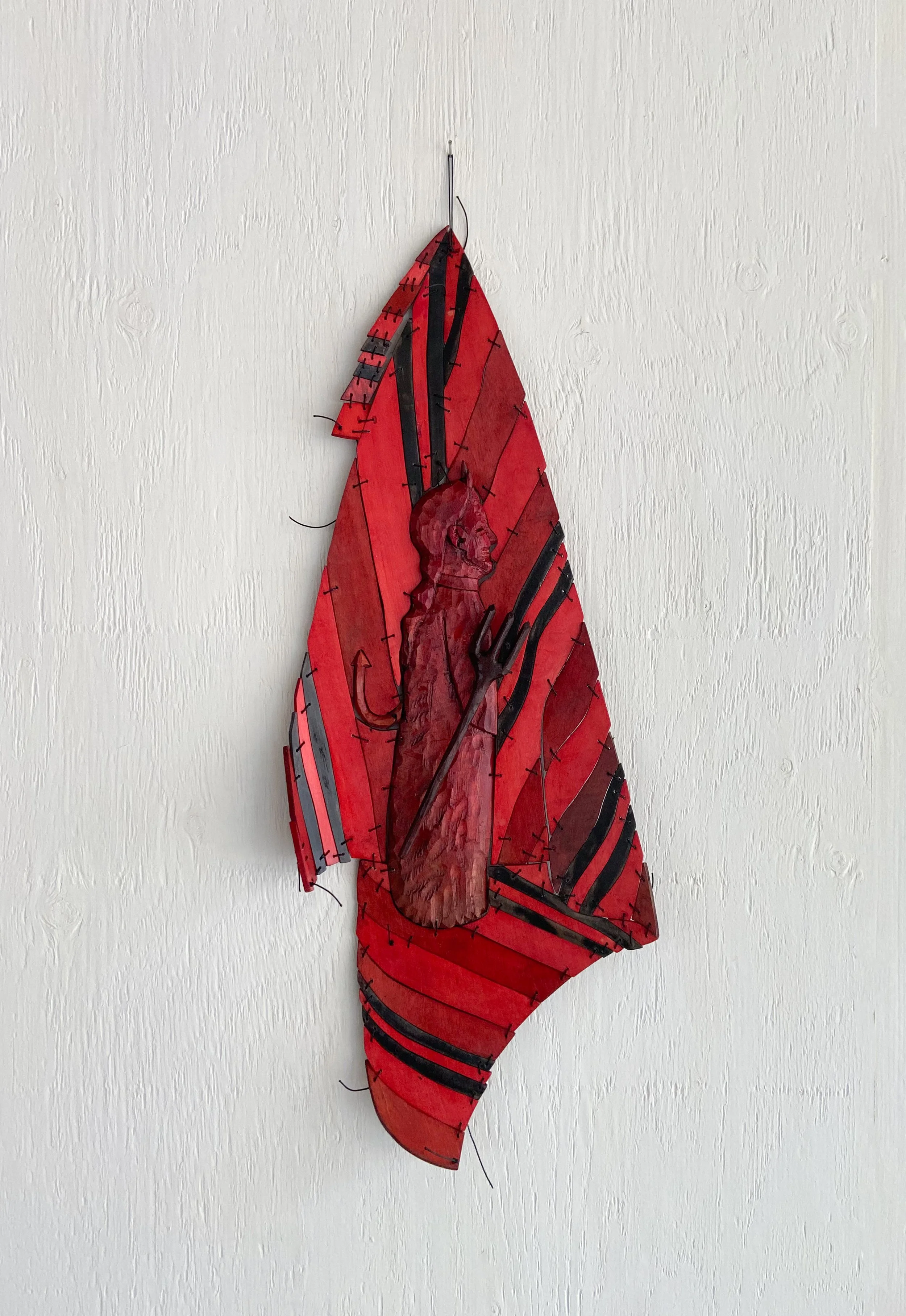 Devil Scenery, 2026 Acrylic, light stable metalized acid dye, and polyurethane on birch plywood and poplar with nylon cord, 34 x 15 x 2 inches.