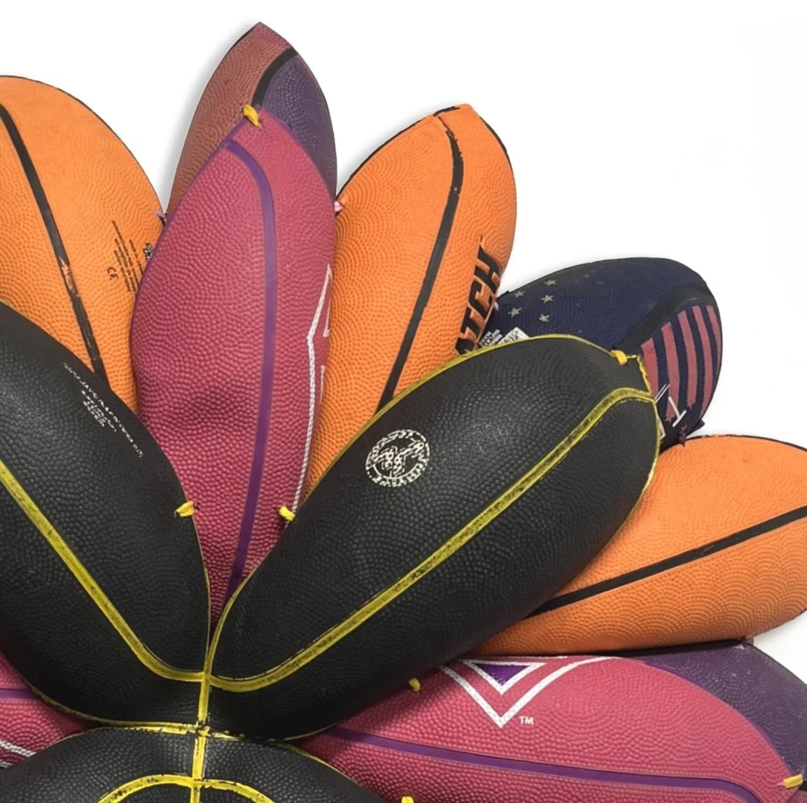 Brandon J. Donahue-Shipp-Basketball Bloom (Supershero), 31 x 32 x 5 inches, searched for and collected basketballs, shoestrings, 2025.jpg