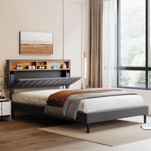 Queen Upholstered Platform Bed with Headboard Storage + USB, Gray