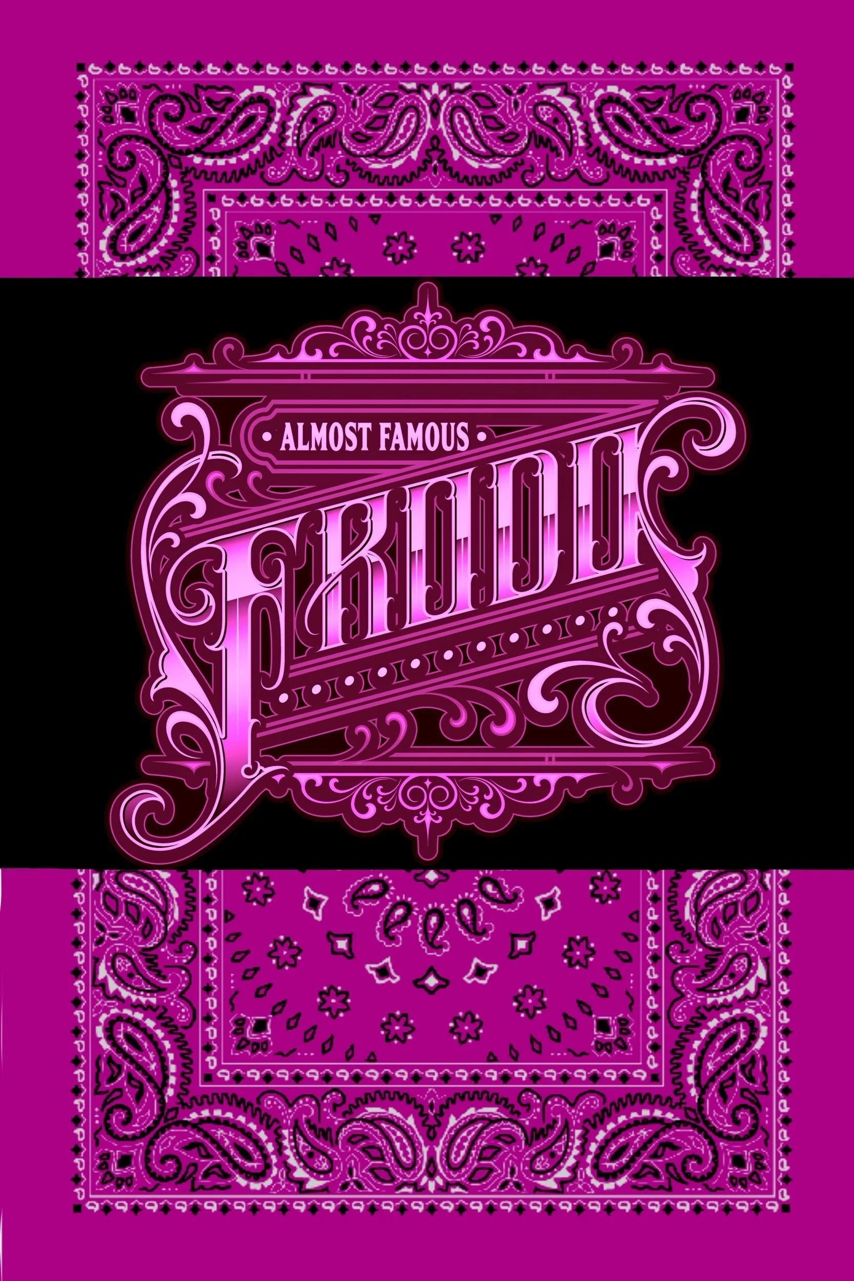 A neon pink sign with the words 'Almost Famous' over a pink and black bandana pattern background.