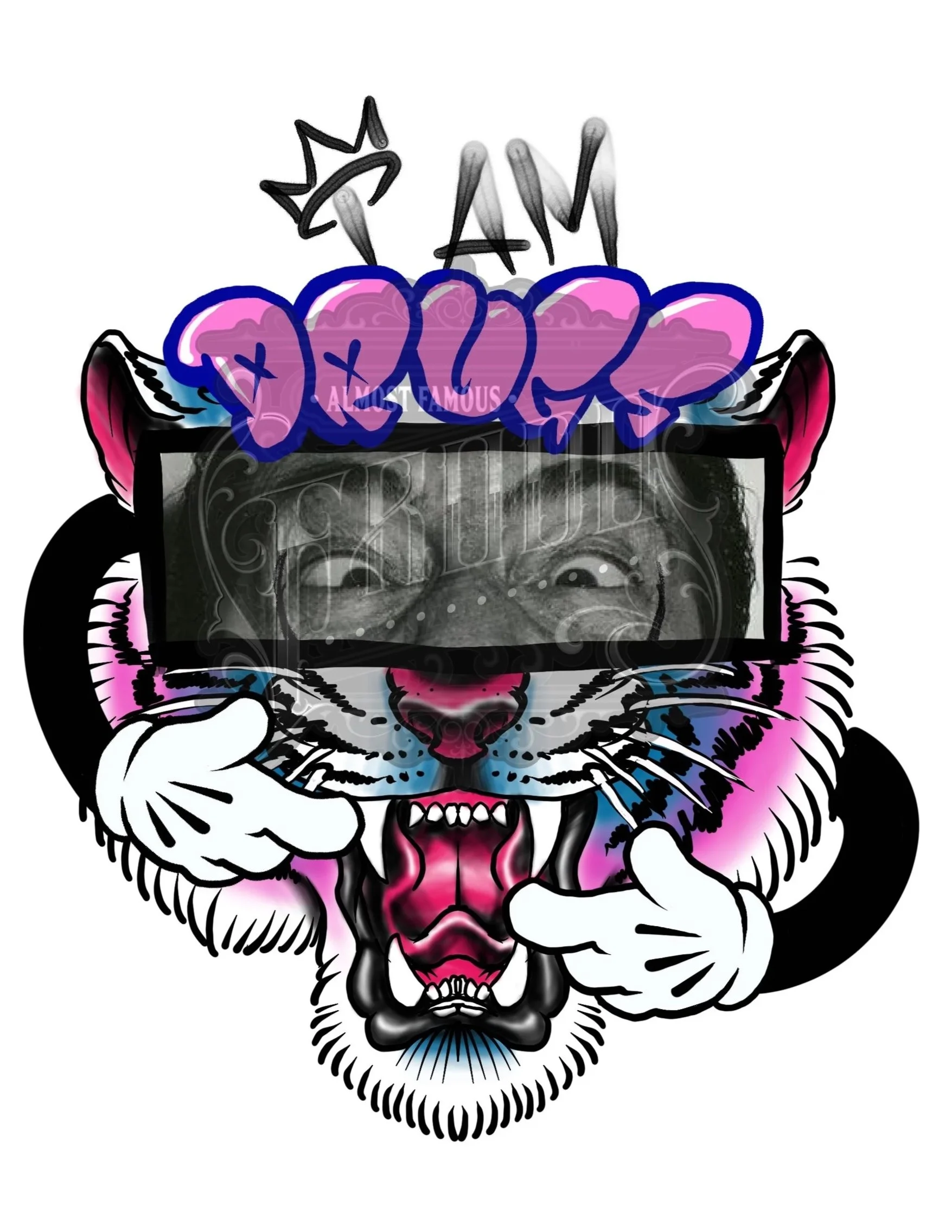 Digitally illustrated tiger with pink and blue accents, wearing headphones, with Dali's eyes peaking through, holding its chin, and animated graffiti text on its head.