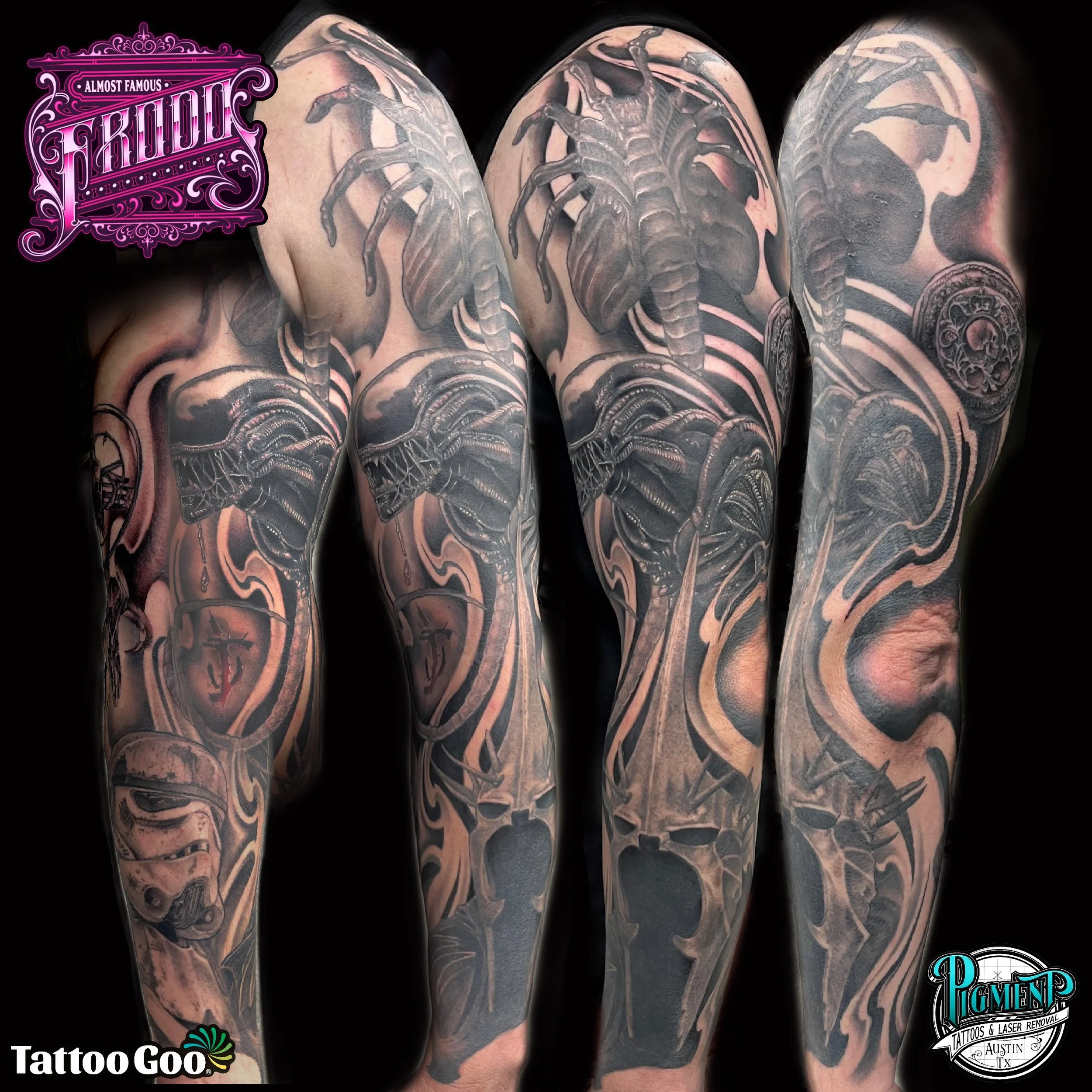 Close-up of a person's tattooed arm featuring a large spider and skeletal elements. The tattoos are detailed and predominantly black and gray. Logos for Tattoo Goo,  Tattoos & Laser Removal, and other tattoo-related businesses are visible in the corners of the image.