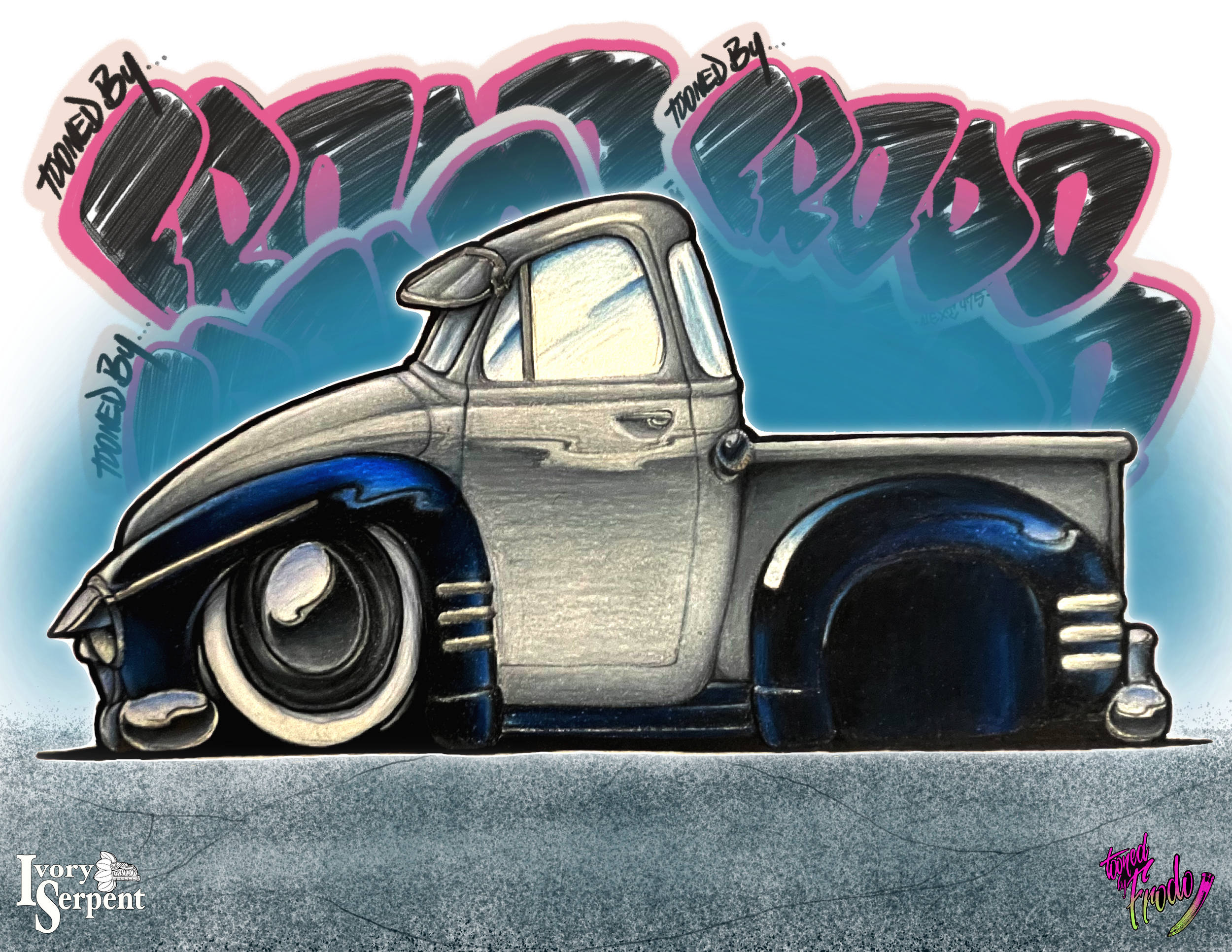 A drawing of a vintage pickup truck with graffiti-style words in the background and colorful accents, with a small logo in the bottom left and bottom right corners.