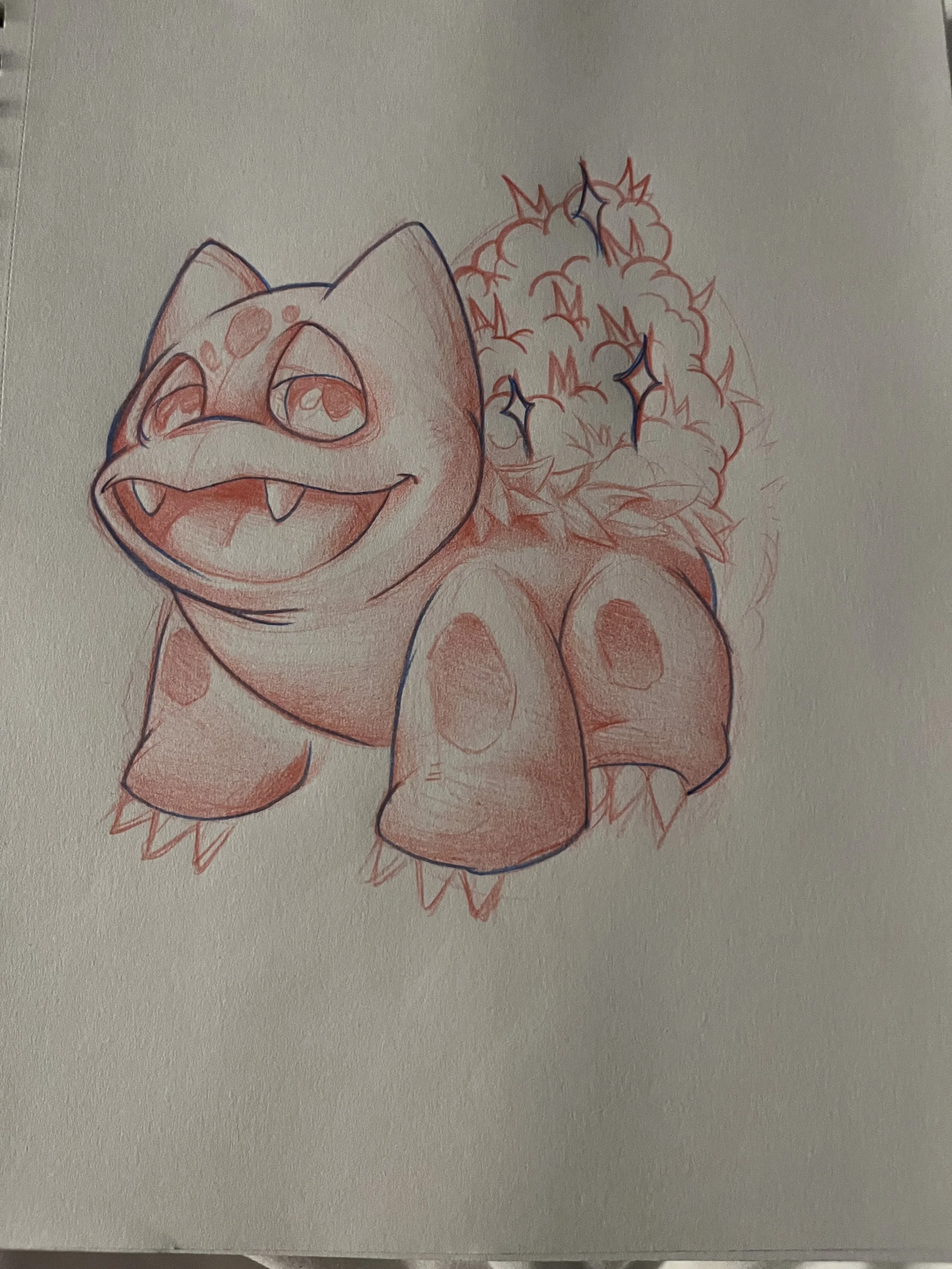 A sketch of a cartoon-style dinosaur with a wide smile, large eyes, and spots on its body, with a giant bud on its back, drawn with red and blue pencil lines on white paper.